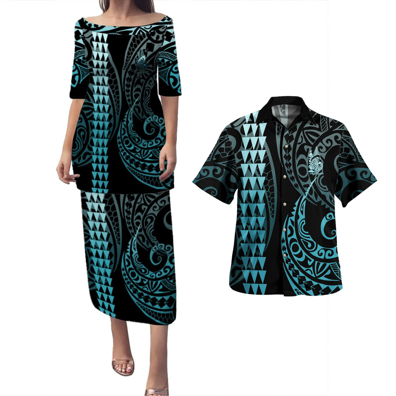 New Caledonia Combo Puletasi And Shirt Kakau Style Turquoise