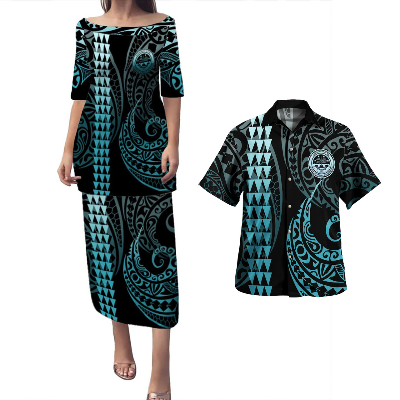 Federated States Of Micronesia Combo Puletasi And Shirt Kakau Style Turquoise