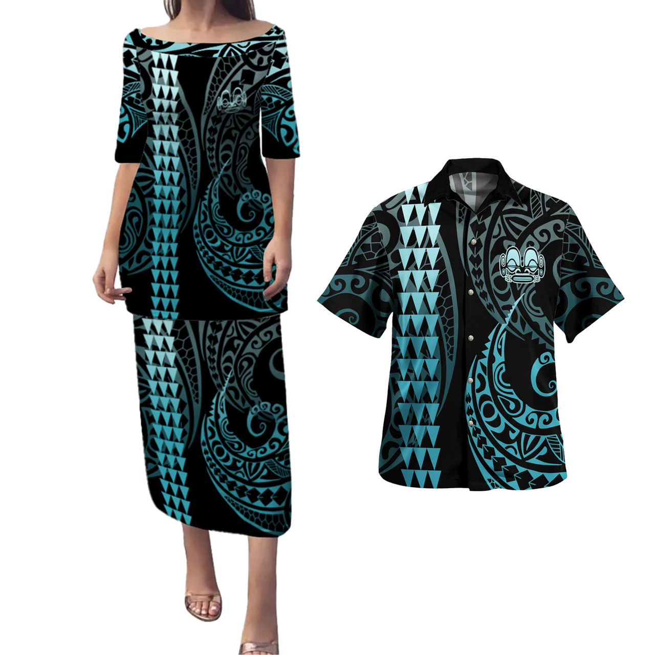Marquesas Islands Combo Puletasi And Shirt Kakau Style Turquoise