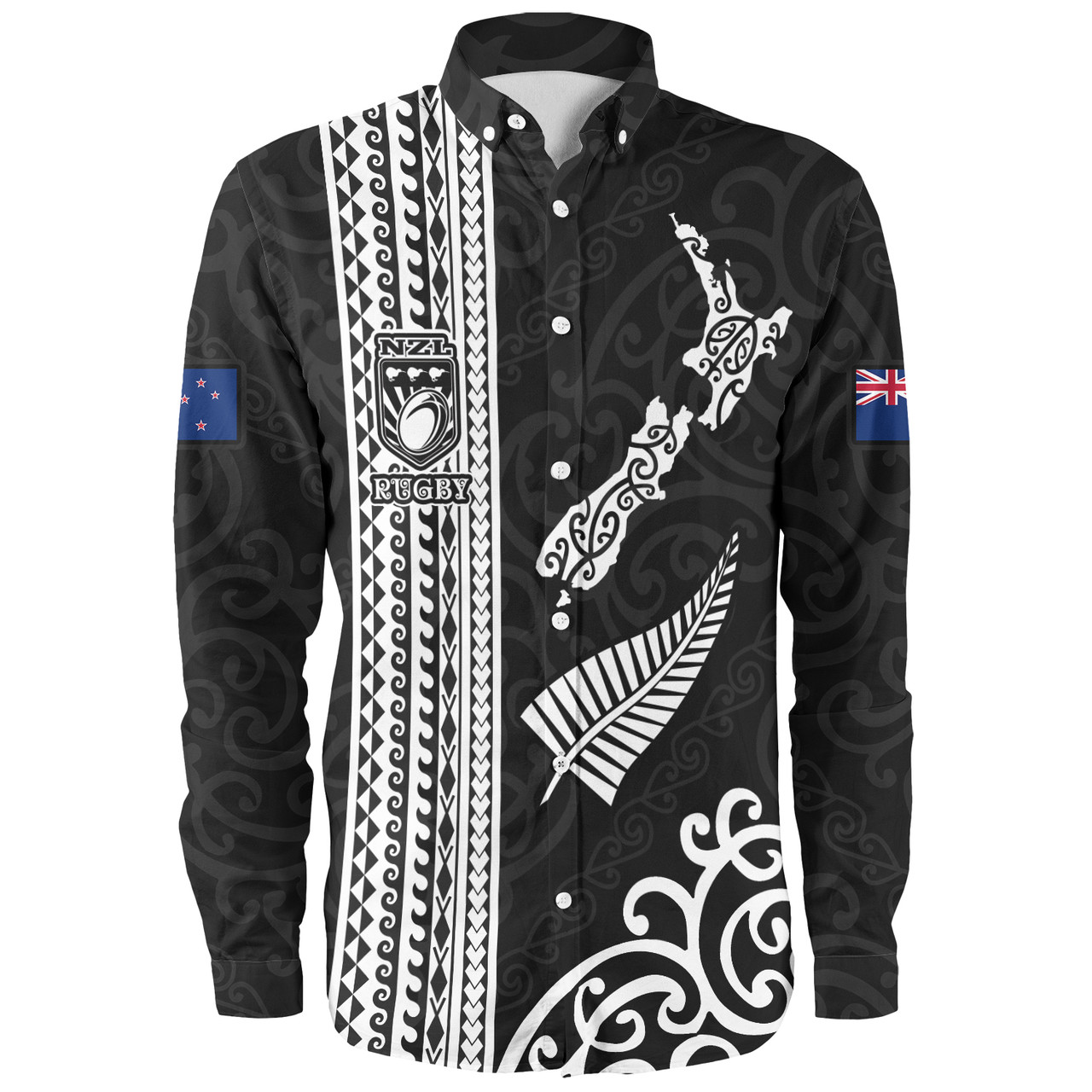 New Zealand Long Sleeve Shirt Custom NZ Rugby Silver Fern And Map Maori Tribal Black Jersey