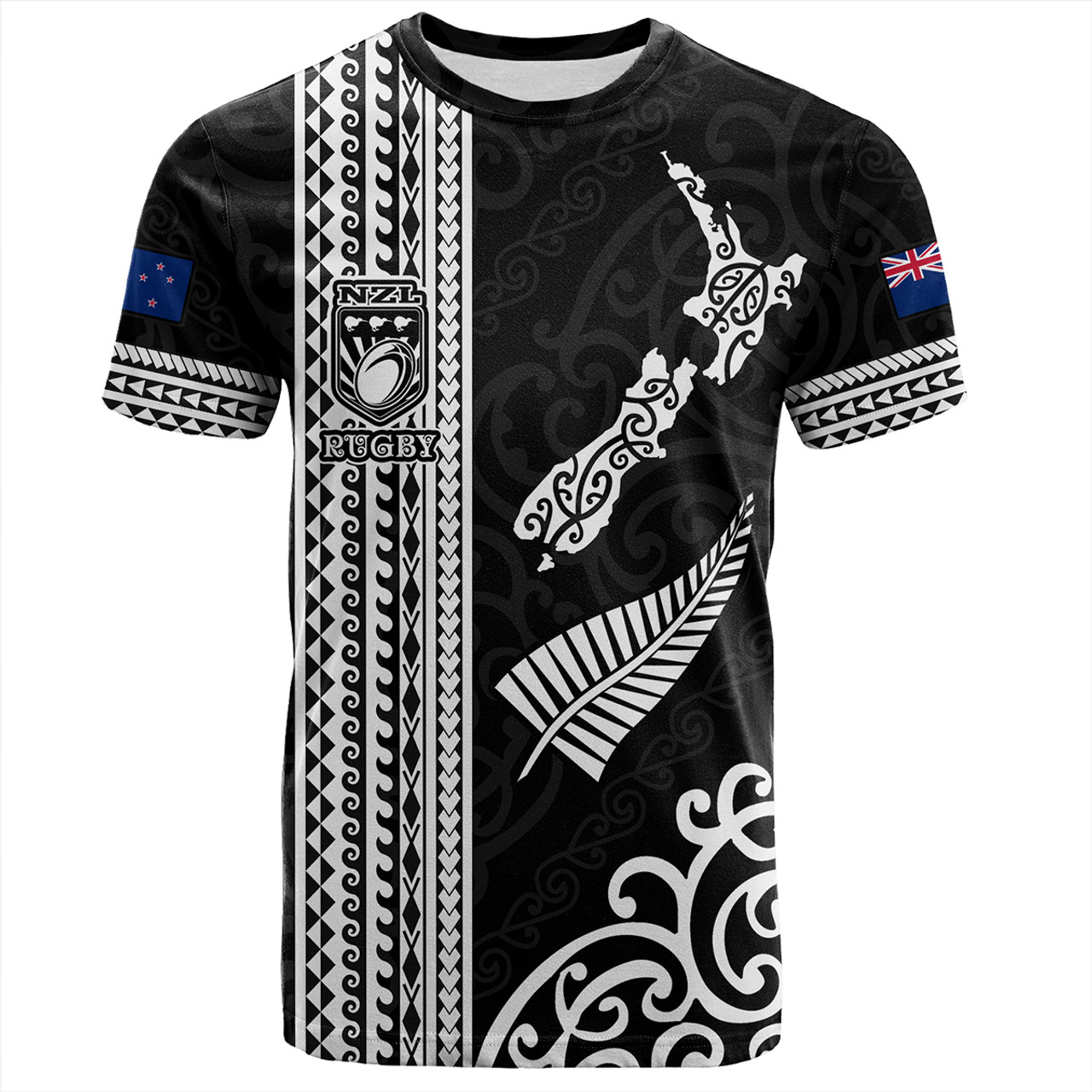 New Zealand T Shirt Custom Nz Rugby Silver Fern And Map Maori Tribal Black Jersey 7651