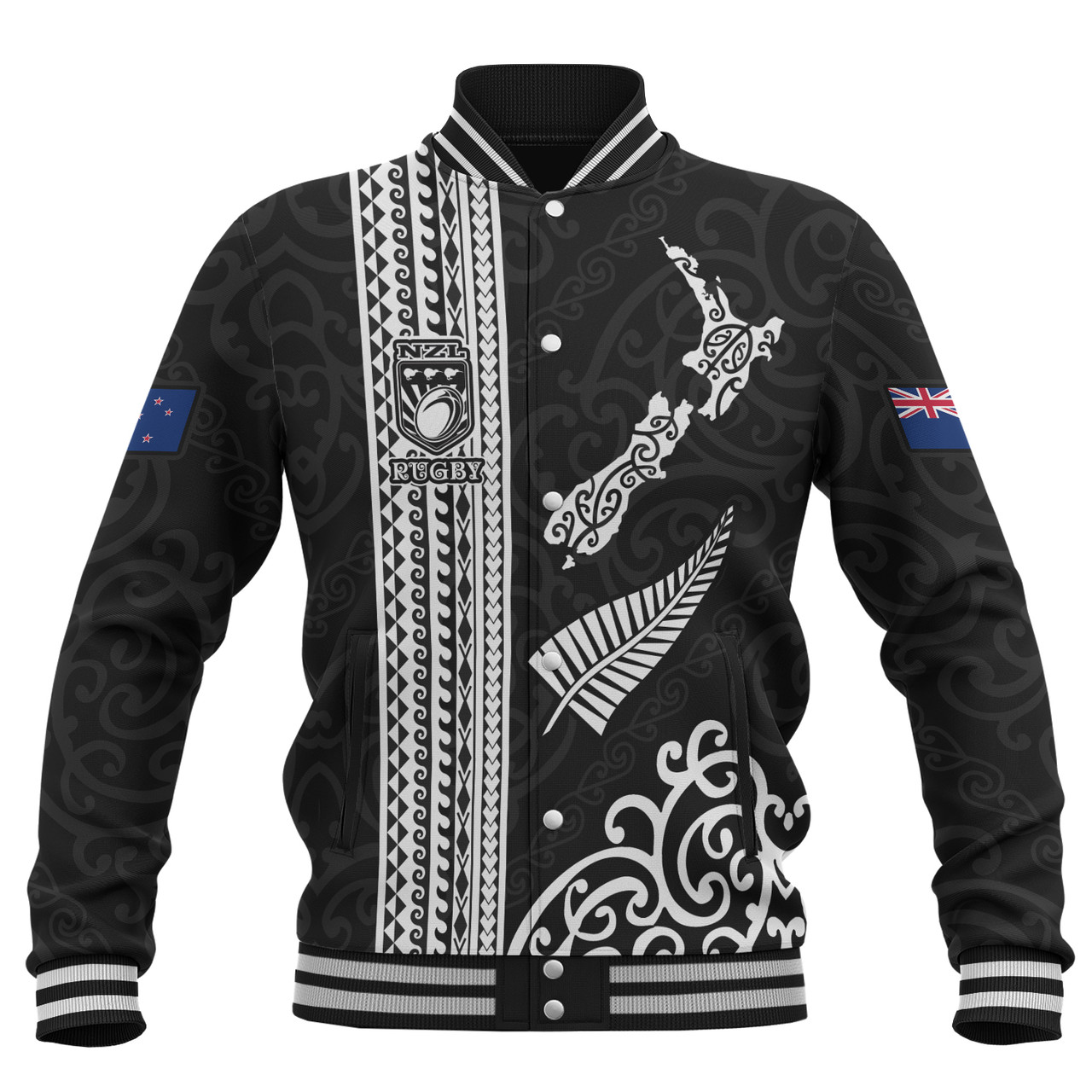 New Zealand Baseball Jacket Custom NZ Rugby Silver Fern And Map Maori Tribal Black Jersey
