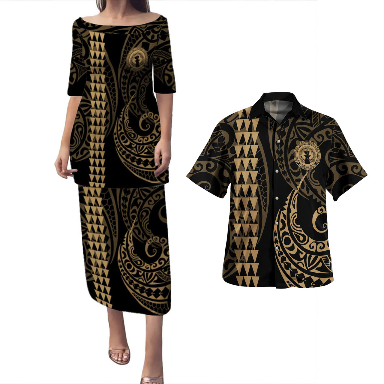 Northern Mariana Islands Combo Puletasi And Shirt Kakau Style Gold