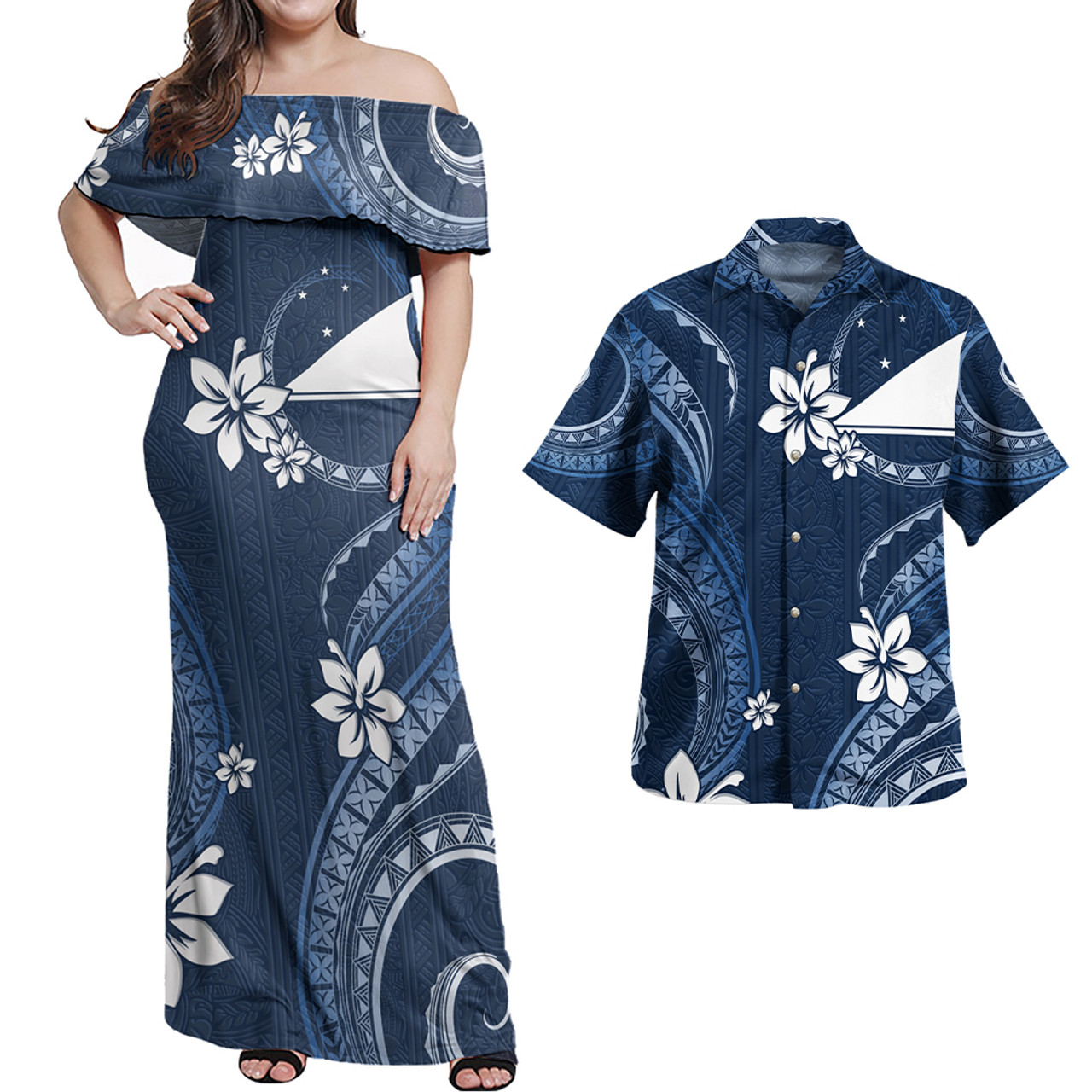 Tokelau Combo Off Shoulder Long Dress And Shirt White Hibicus Blue Pattern