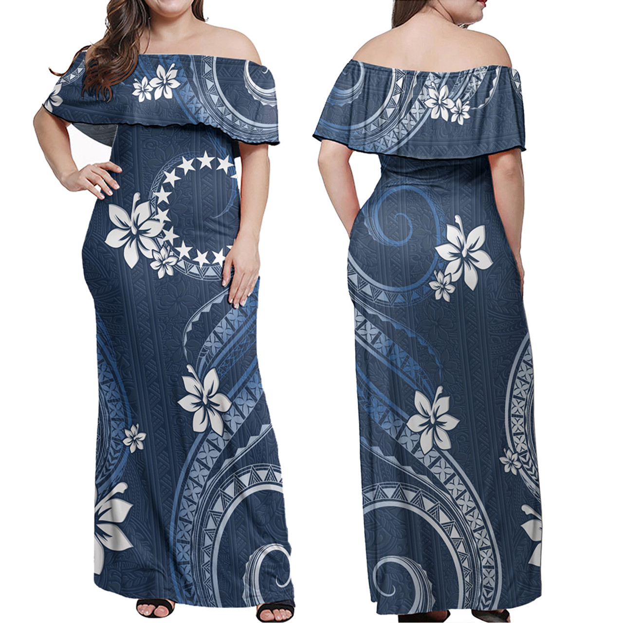 Cook Islands Combo Off Shoulder Long Dress And Shirt White Hibicus Blue Pattern