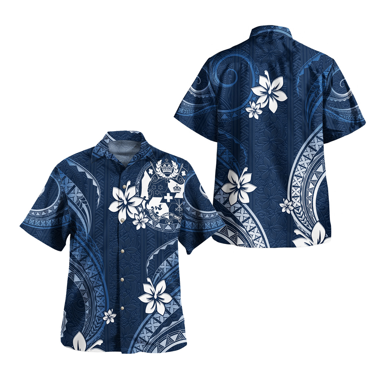 Tonga Combo Off Shoulder Long Dress And Shirt White Hibicus Blue Pattern