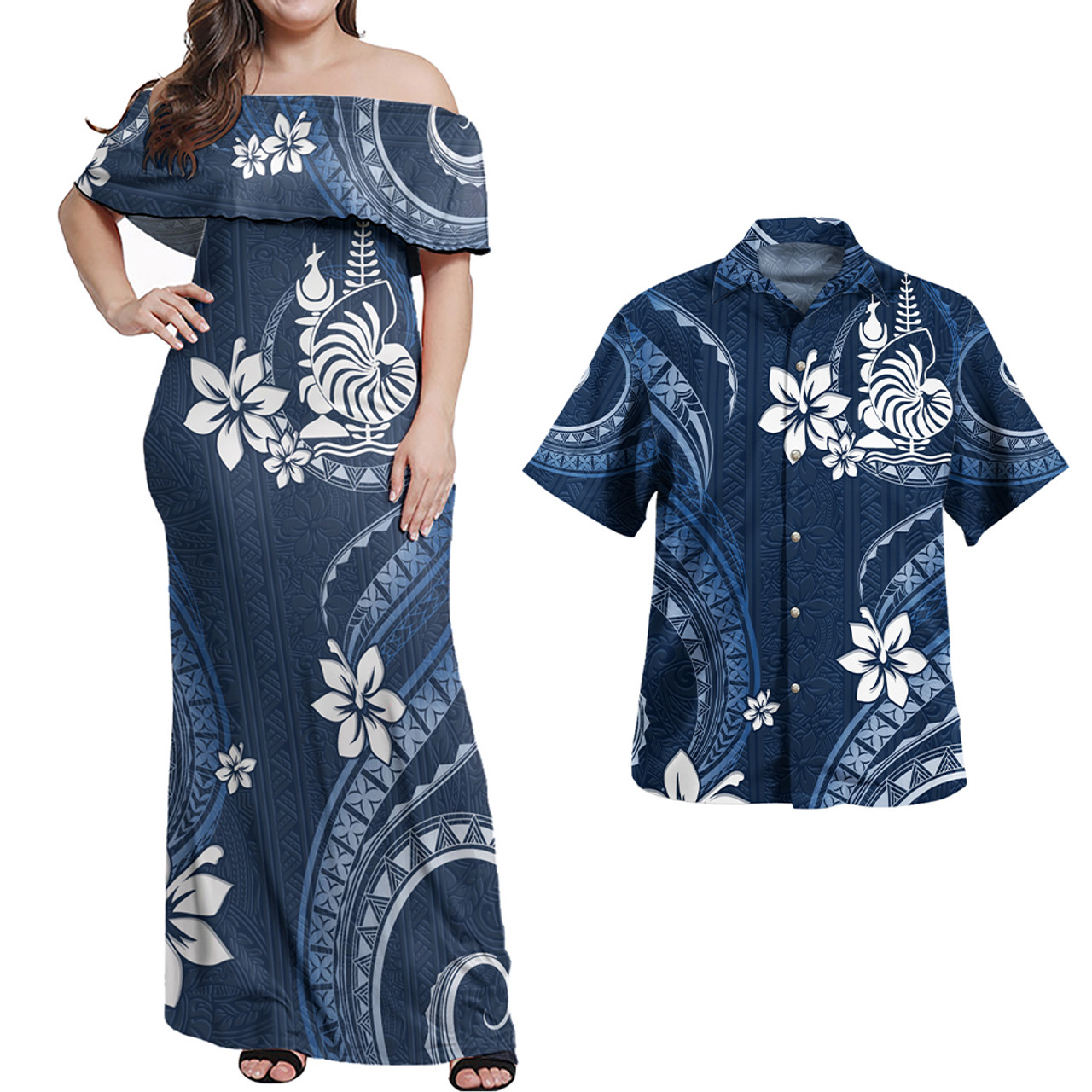 New Caledonia Combo Off Shoulder Long Dress And Shirt White Hibicus Blue Pattern