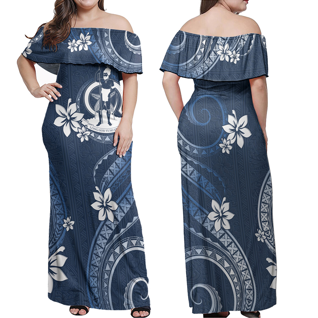 Vanuatu Combo Off Shoulder Long Dress And Shirt White Hibicus Blue Pattern