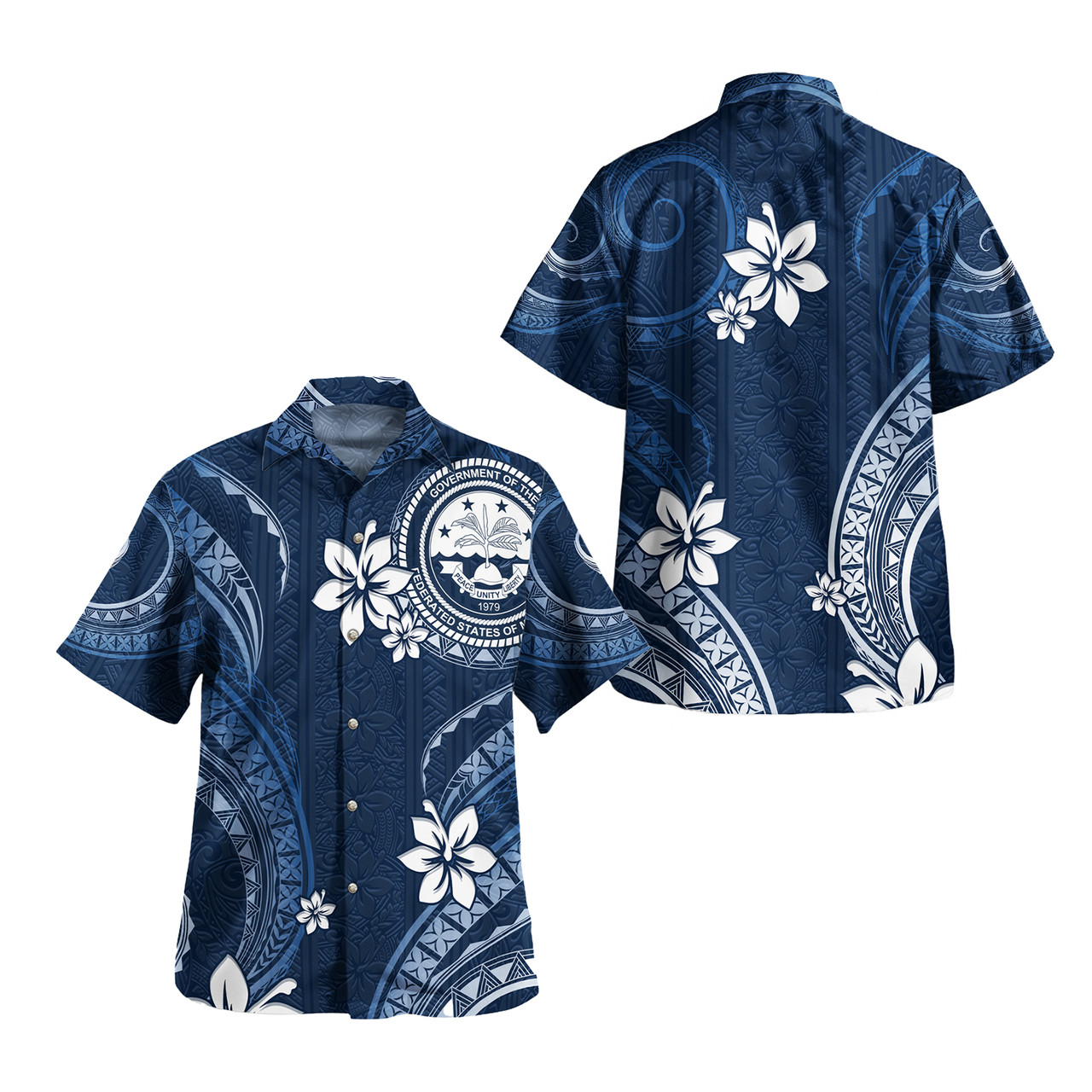 Federated States Of Micronesia Combo Off Shoulder Long Dress And Shirt White Hibicus Blue Pattern