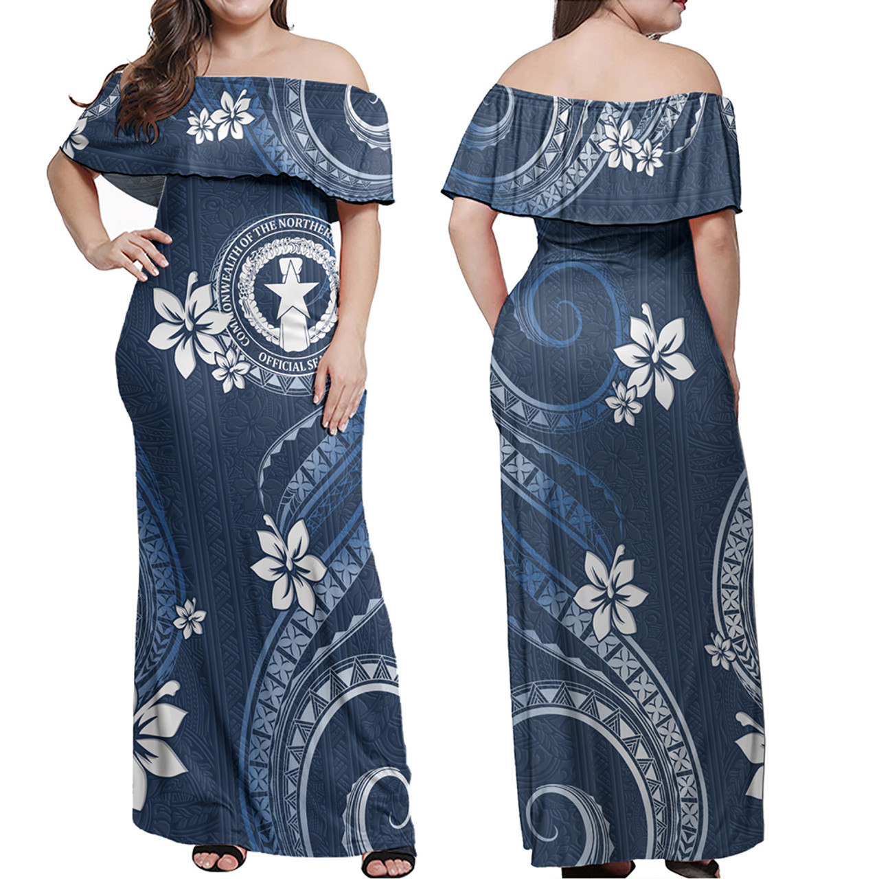 Northern Mariana Islands Combo Off Shoulder Long Dress And Shirt White Hibicus Blue Pattern