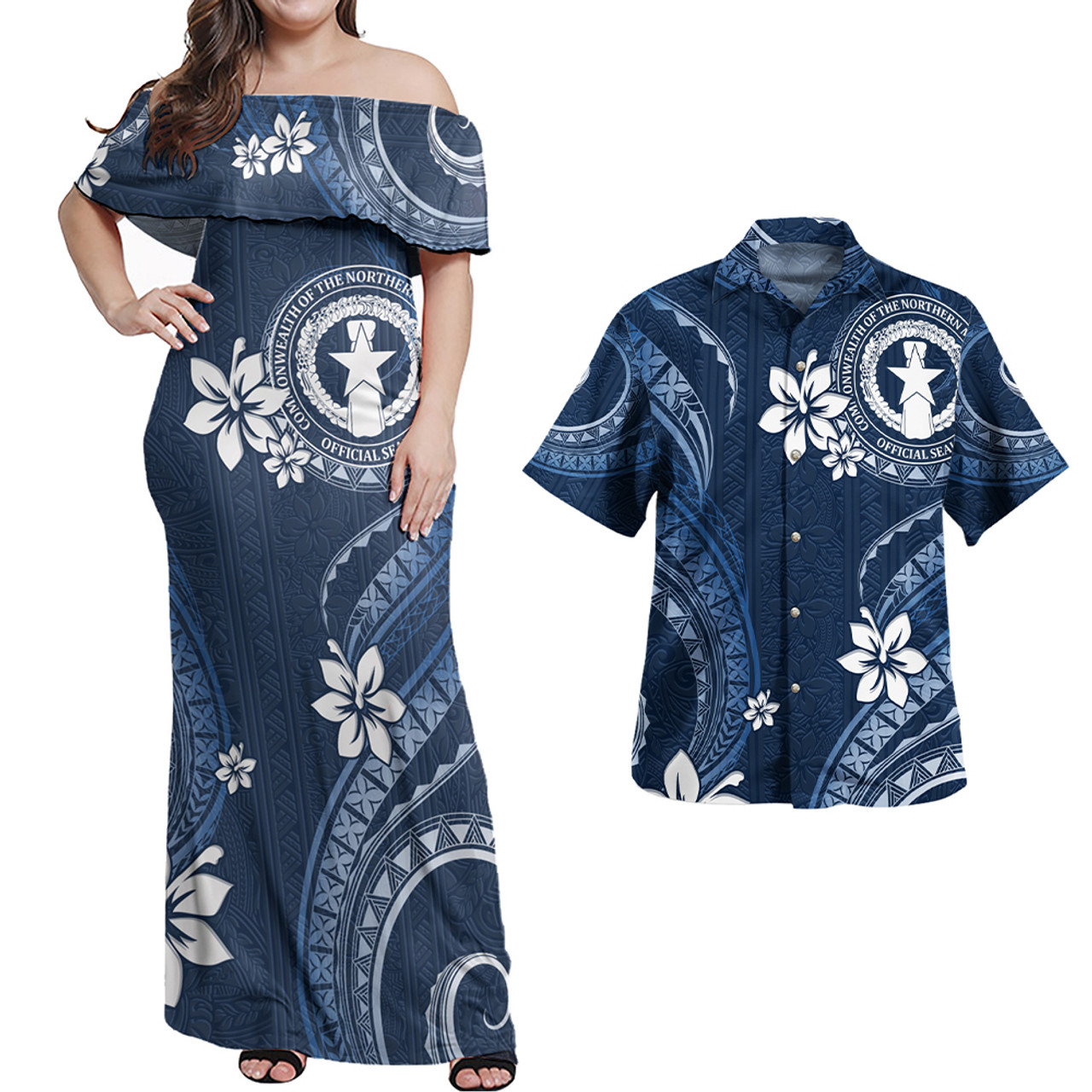Northern Mariana Islands Combo Off Shoulder Long Dress And Shirt White Hibicus Blue Pattern