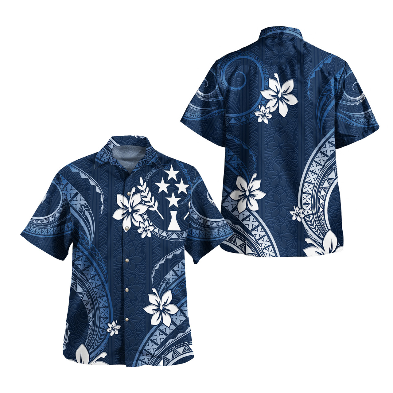 Kosrae Combo Off Shoulder Long Dress And Shirt White Hibicus Blue Pattern