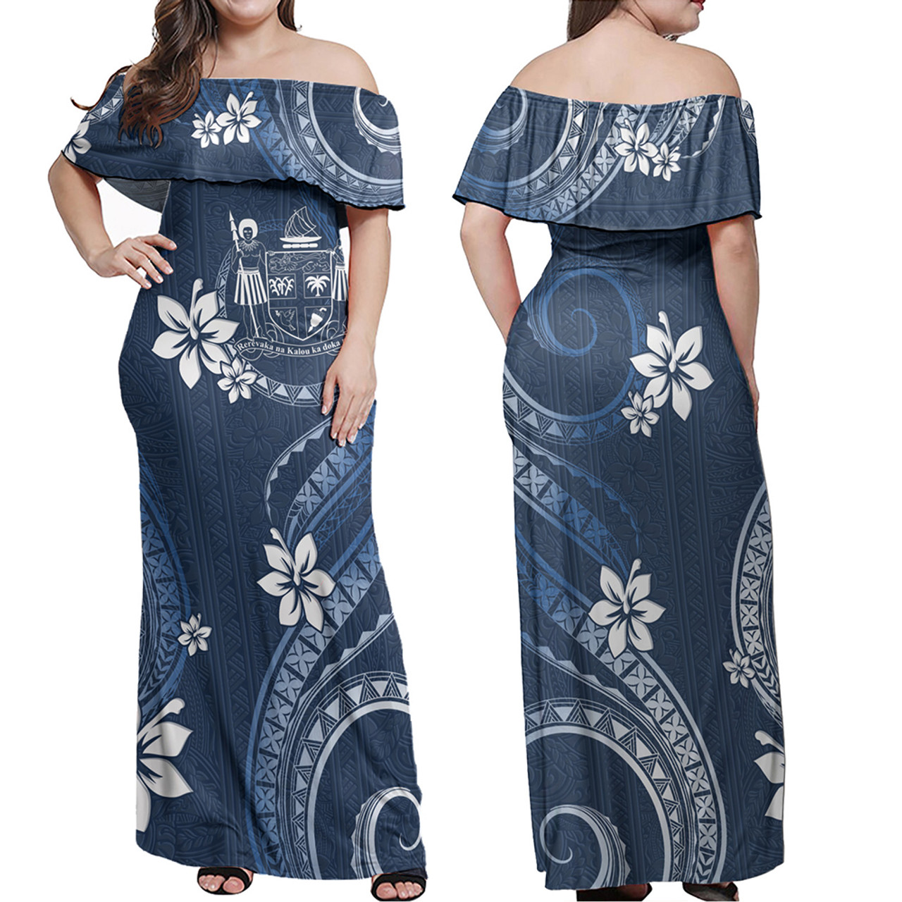Fiji Combo Off Shoulder Long Dress And Shirt White Hibicus Blue Pattern