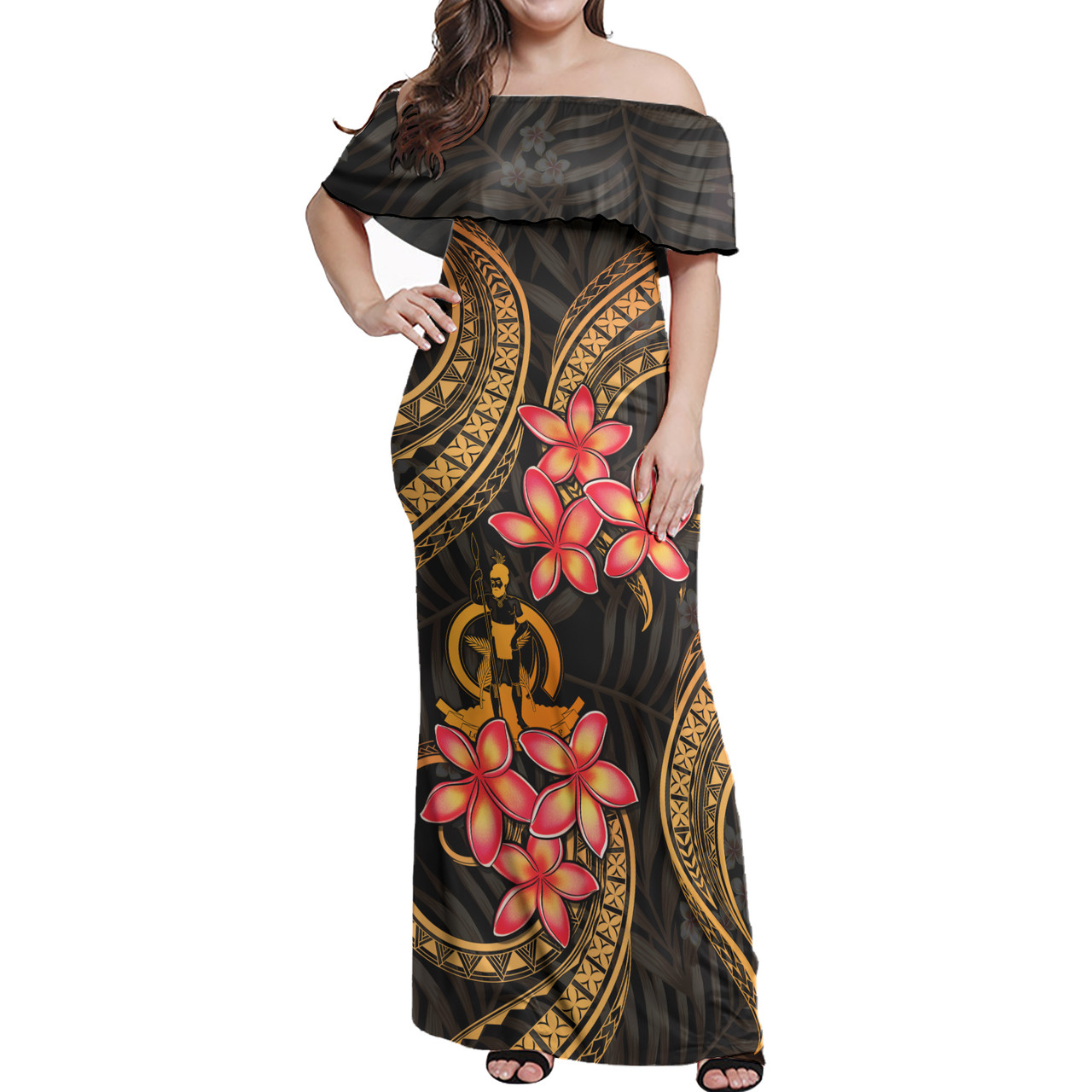 Vanuatu Woman Off Shoulder Long Dress Polynesian Gold Plumeria1