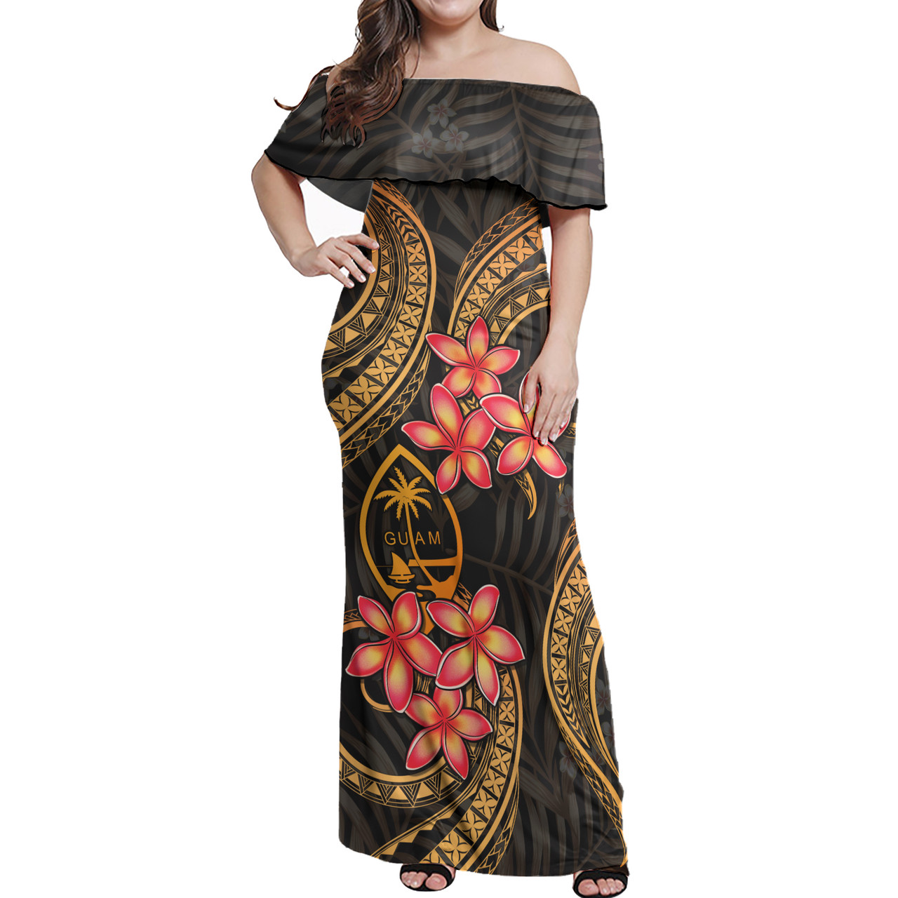 Guam Woman Off Shoulder Long Dress Polynesian Gold Plumeria1