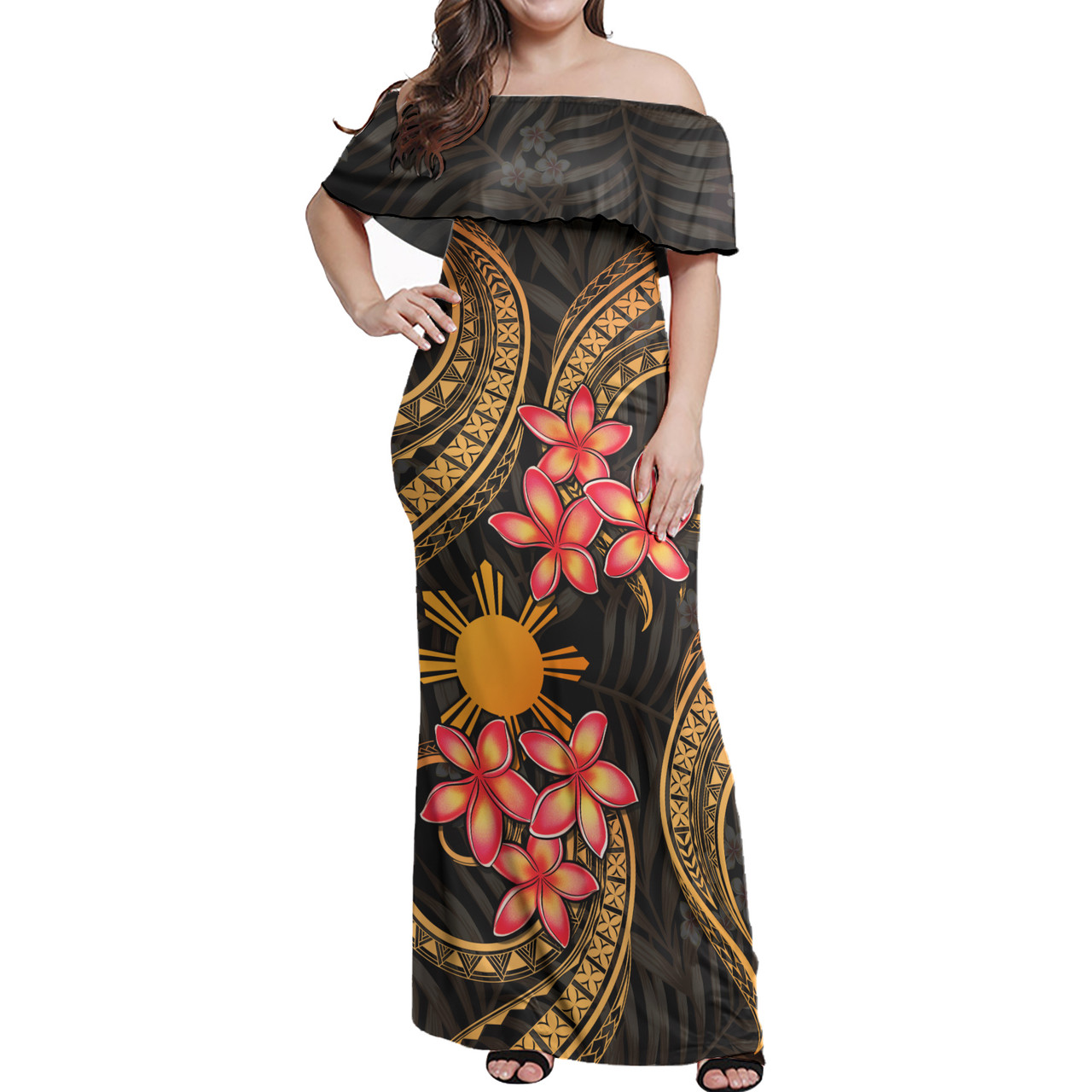 Philippines Filipinos Woman Off Shoulder Long Dress Polynesian Gold Plumeria1