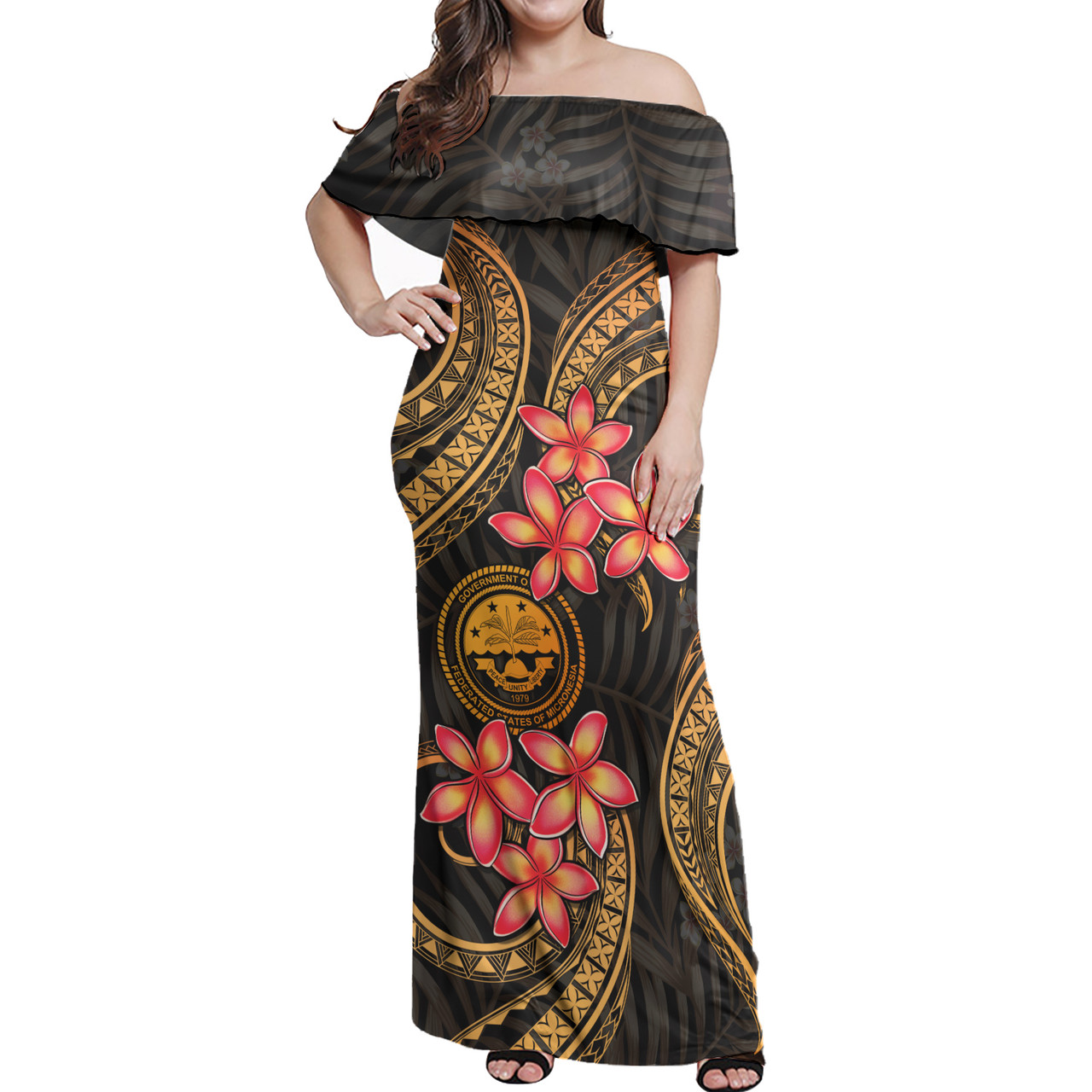 Federated States of Micronesia Woman Off Shoulder Long Dress Polynesian Gold Plumeria