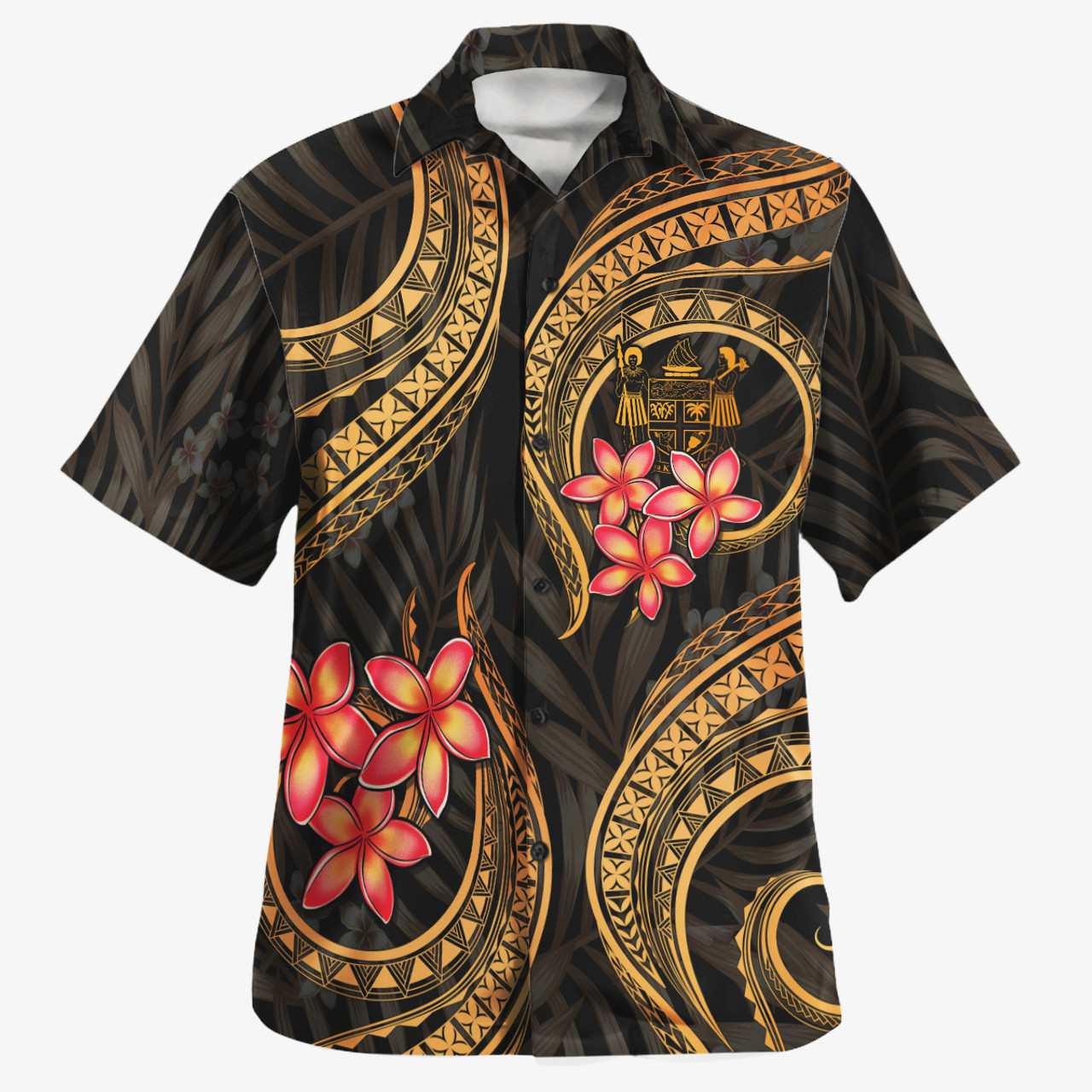 Fiji Coat of Arm Hawaiian Shirt Polynesian Gold Plumeria