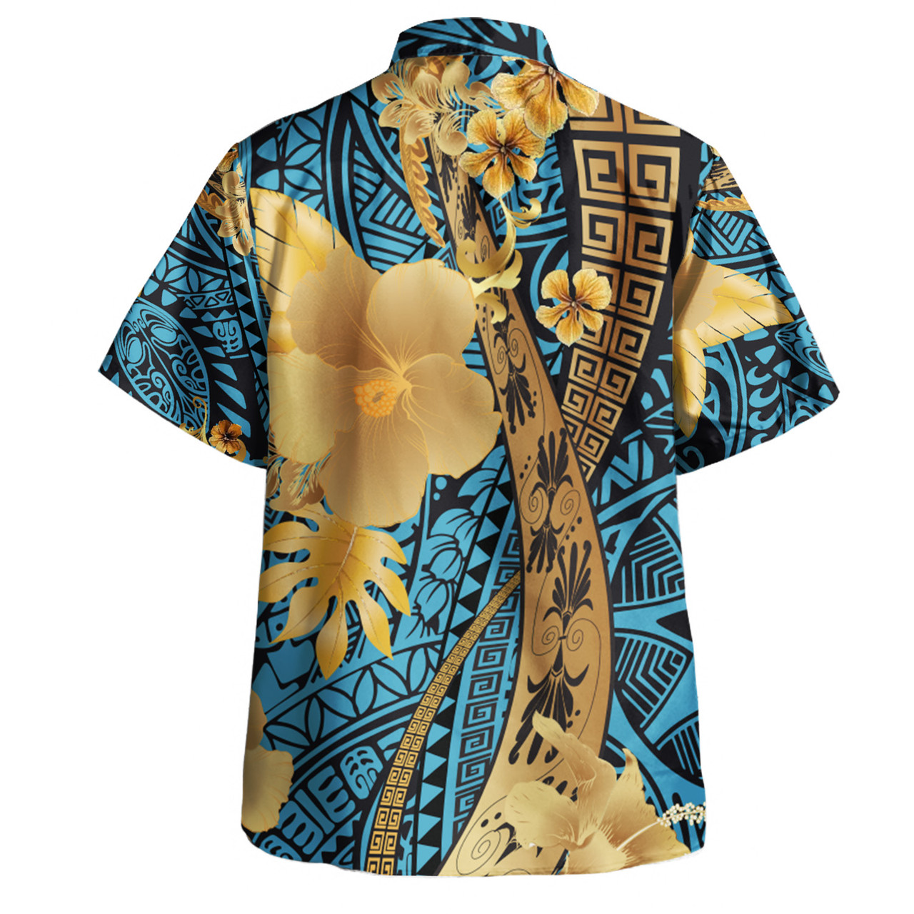Polynesian Tribal Patterns Hibiscus Flowers Golden Color Short Sleeve Dress And Shirt
