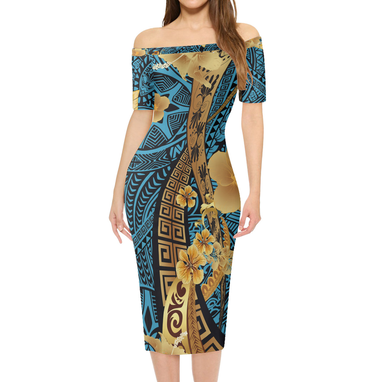 Polynesian Tribal Patterns Hibiscus Flowers Golden Color Short Sleeve Dress And Shirt