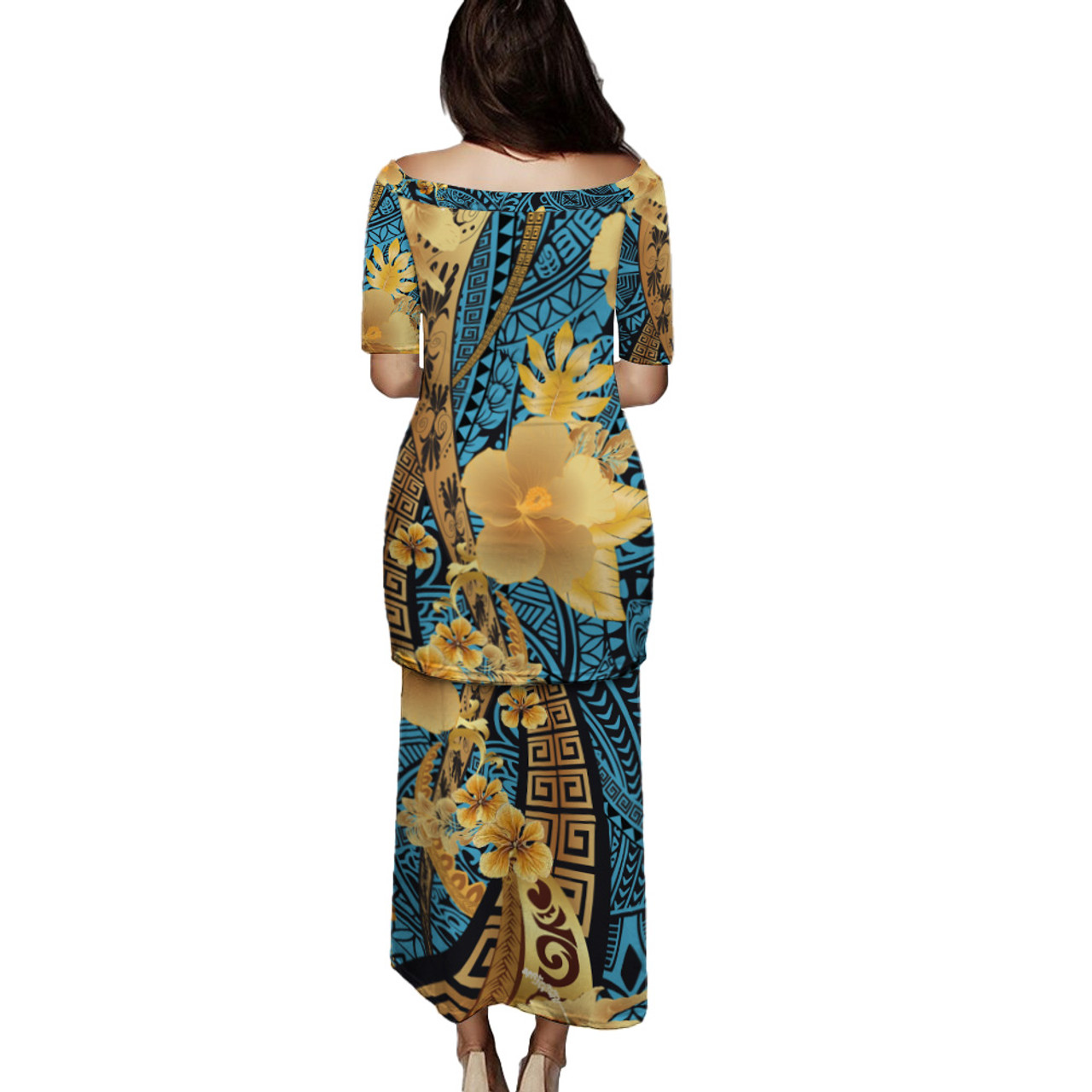 Polynesian Tribal Patterns Hibiscus Flowers Golden Color Puletasi And Shirt