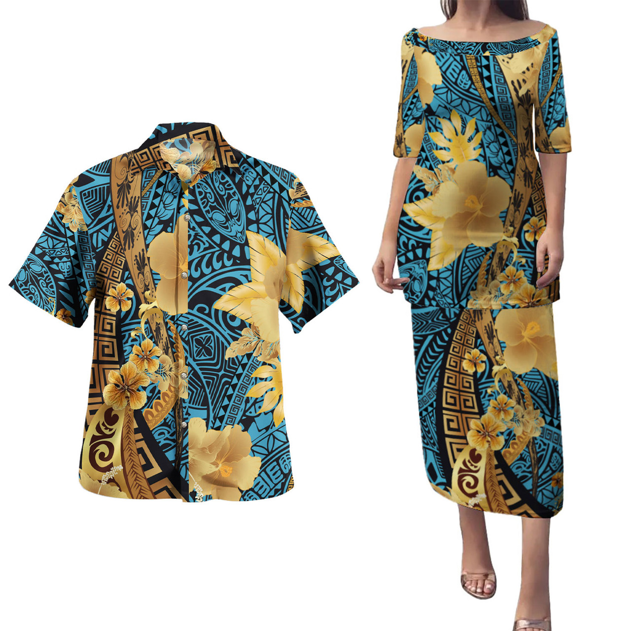 Polynesian Tribal Patterns Hibiscus Flowers Golden Color Puletasi And Shirt
