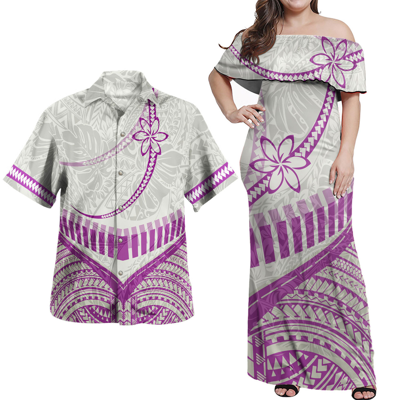 Polynesian Patterns Plumeria Flowers Curve Style Women Off Shoulder Long Dress And Shirt