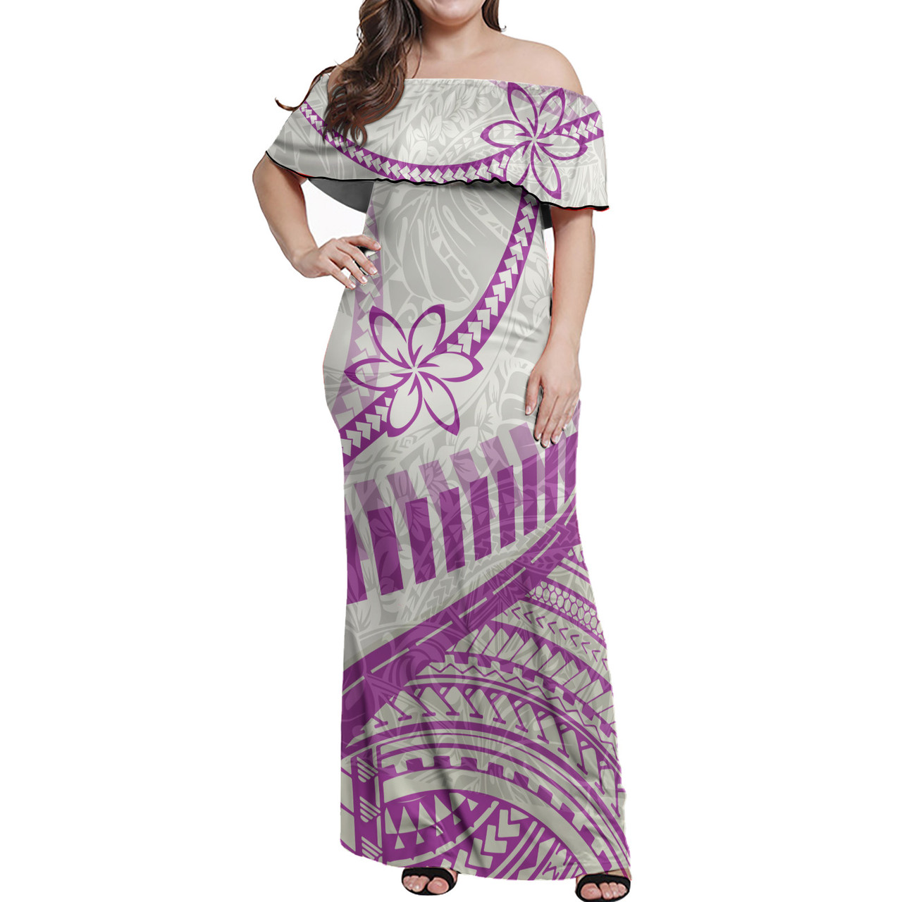 Polynesian Patterns Plumeria Flowers Curve Style Women Off Shoulder Long Dress And Shirt