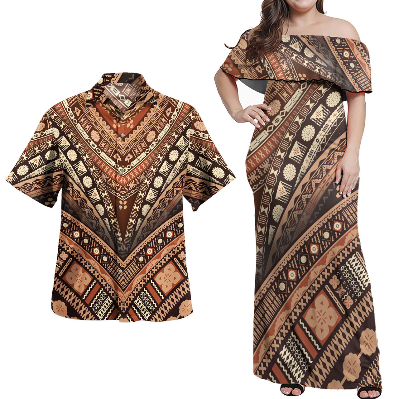 Polynesian Patterns Vintage Style Women Off Shoulder Long Dress And Shirt