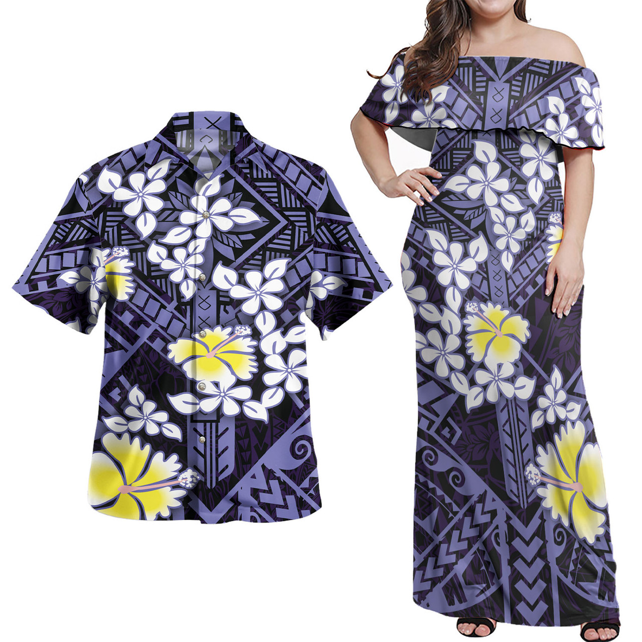 Polynesian Traditional Patterns Plumeria Flowers Women Off Shoulder Long Dress And Shirt