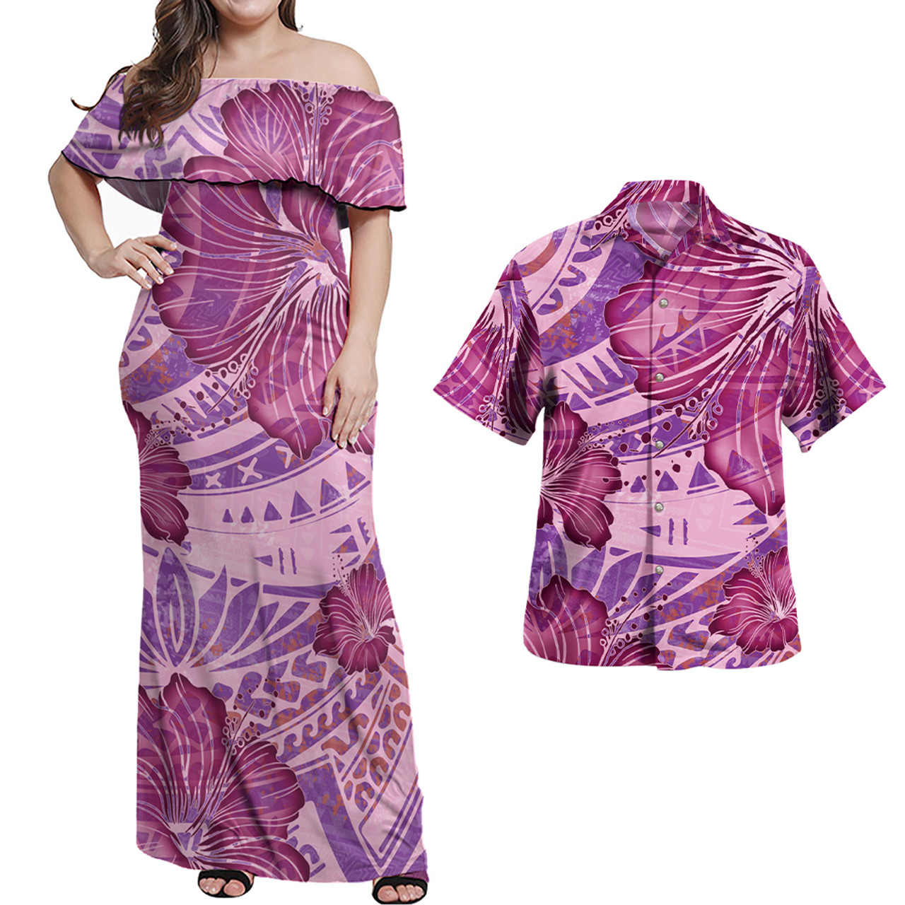 Hawaii Combo Off Shoulder Long Dress And Shirt Purple Hibiscus With Polynesian Pattern