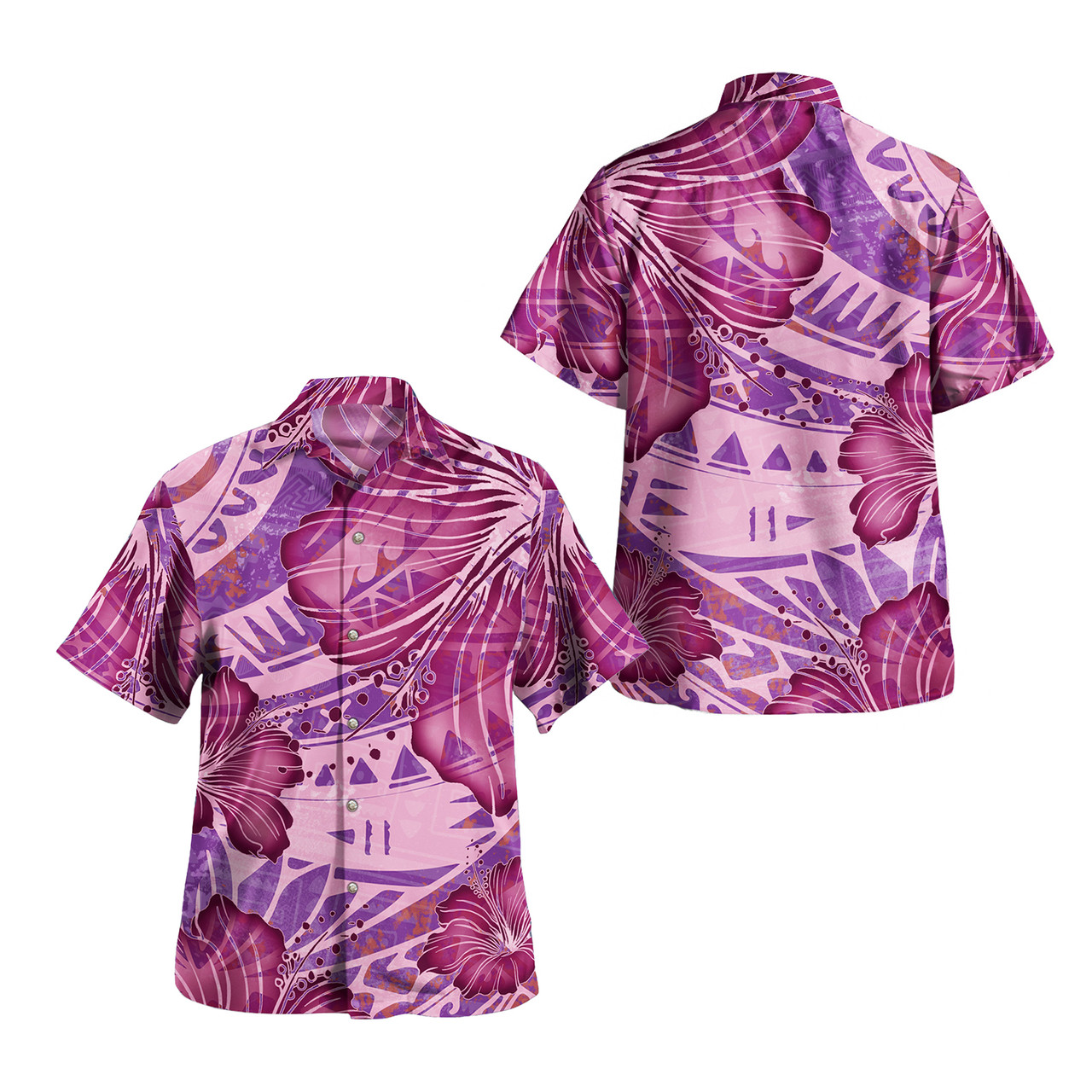 Hawaii Combo Short Sleeve Dress And Shirt Purple Hibiscus With Polynesian Pattern