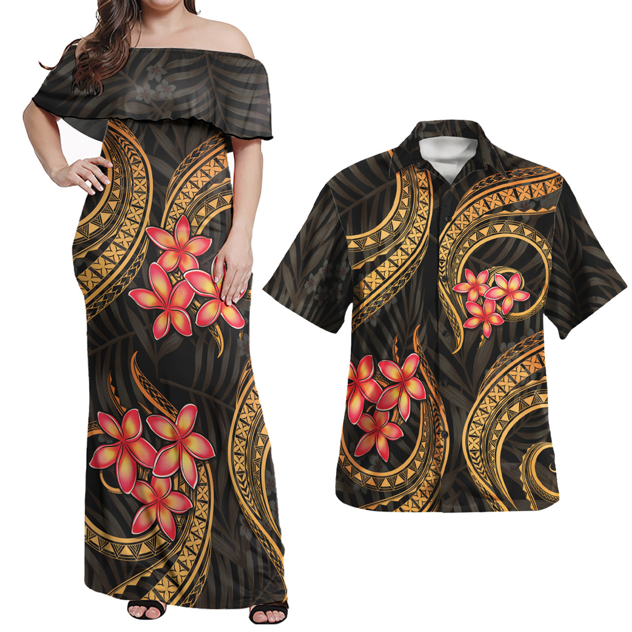 Polynesian Combo Dress And Shirt Gold Plumeria