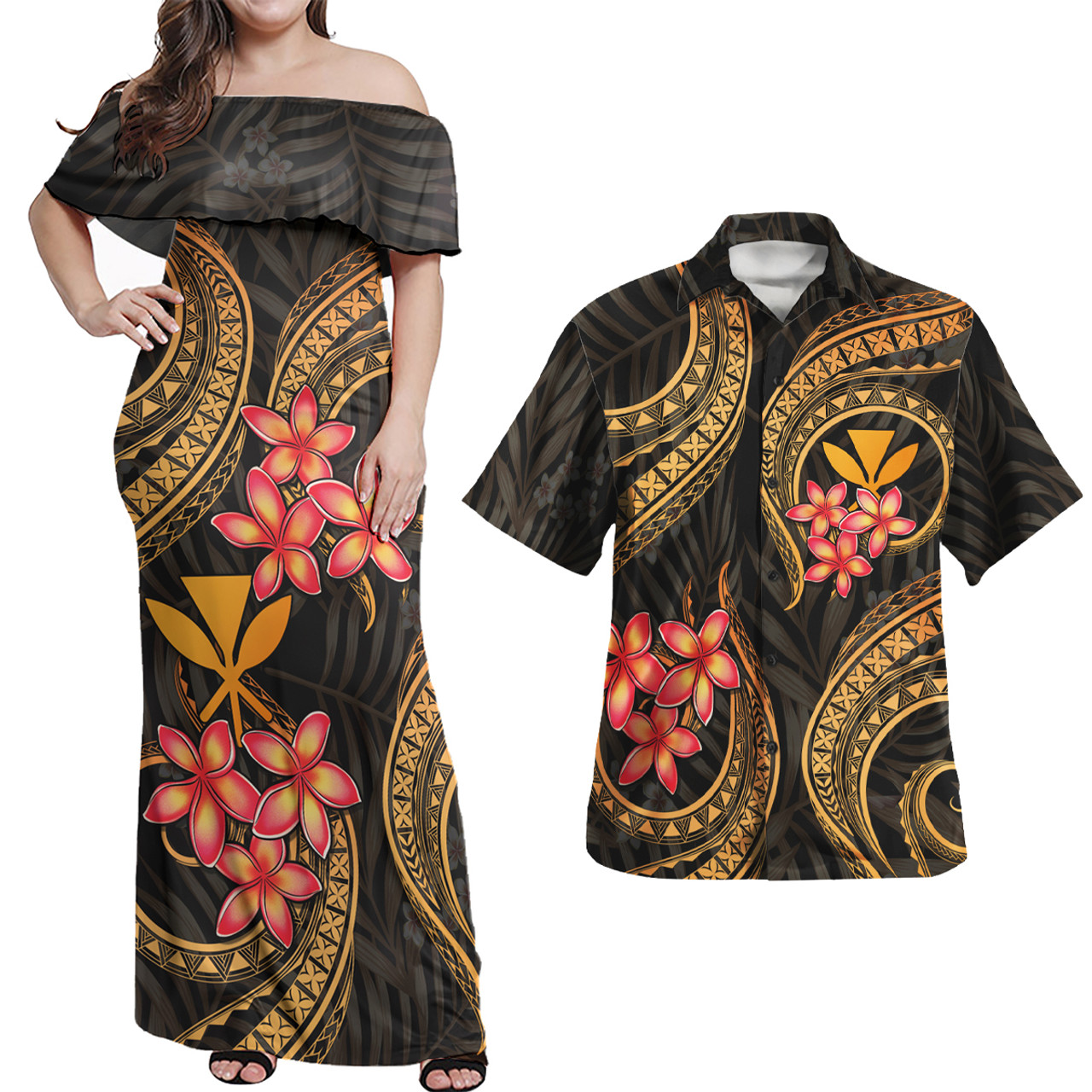 Hawaii Polynesian Pattern Combo Dress And Shirt Gold Plumeria