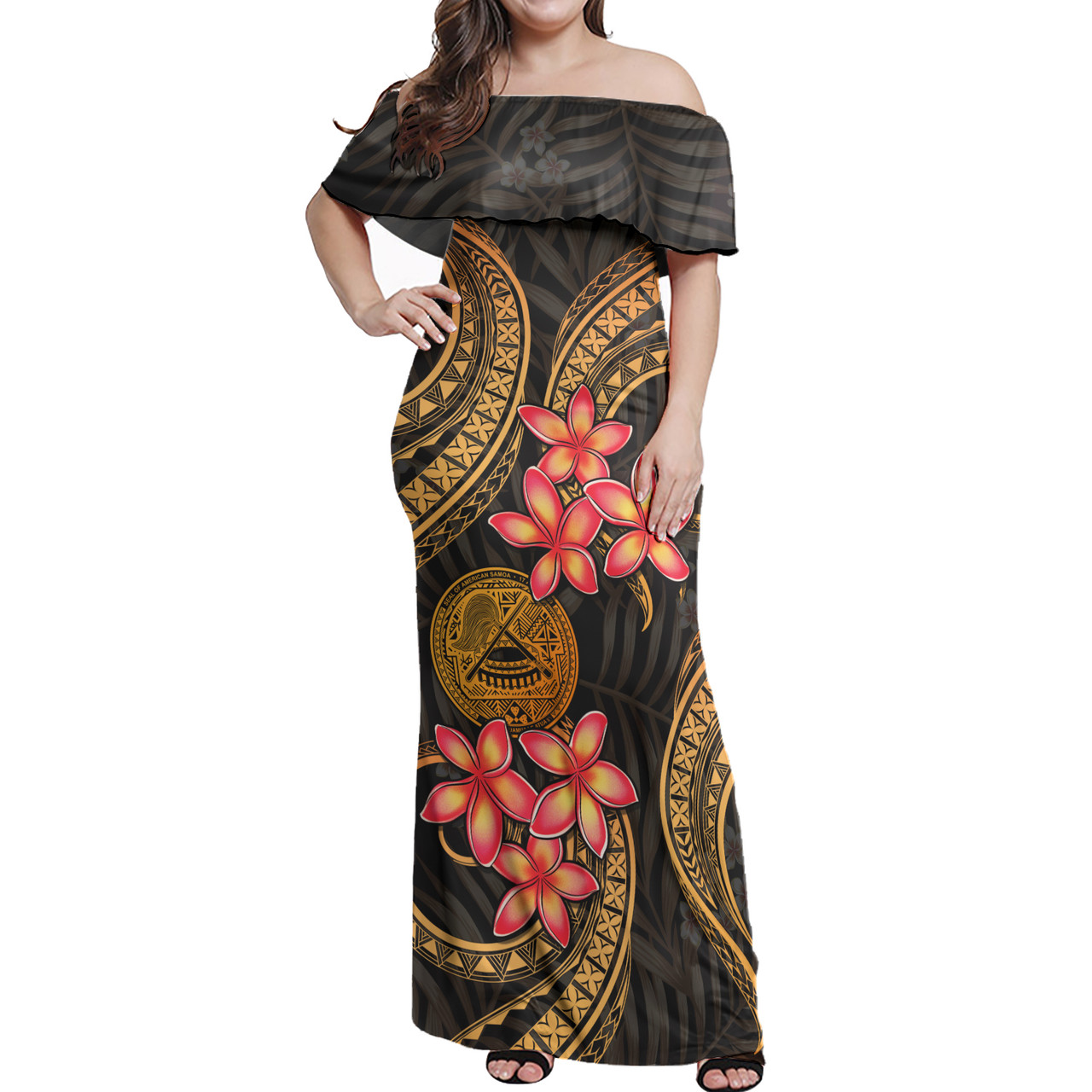 American Samoa Polynesian Pattern Combo Dress And Shirt Gold Plumeria