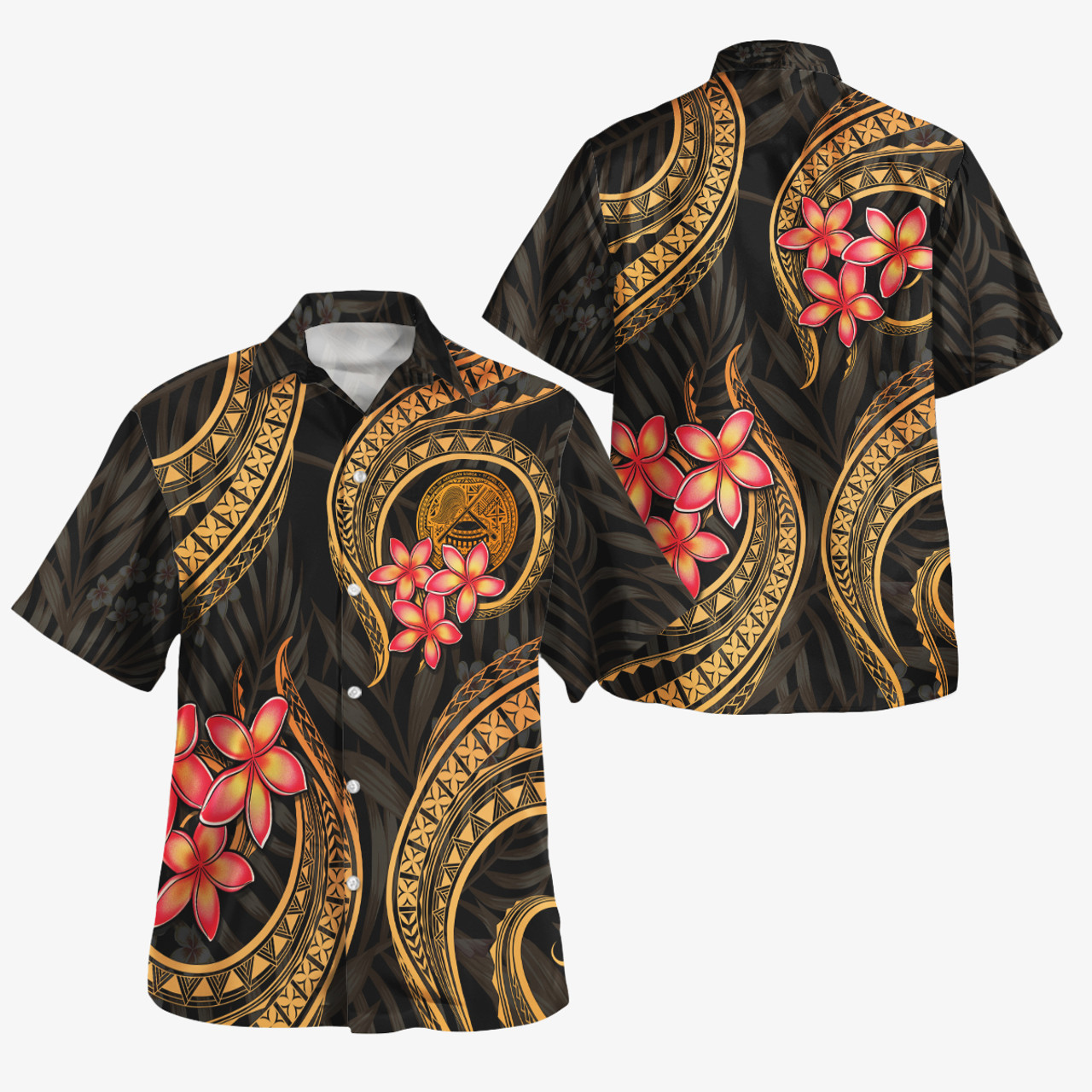 American Samoa Polynesian Pattern Combo Dress And Shirt Gold Plumeria
