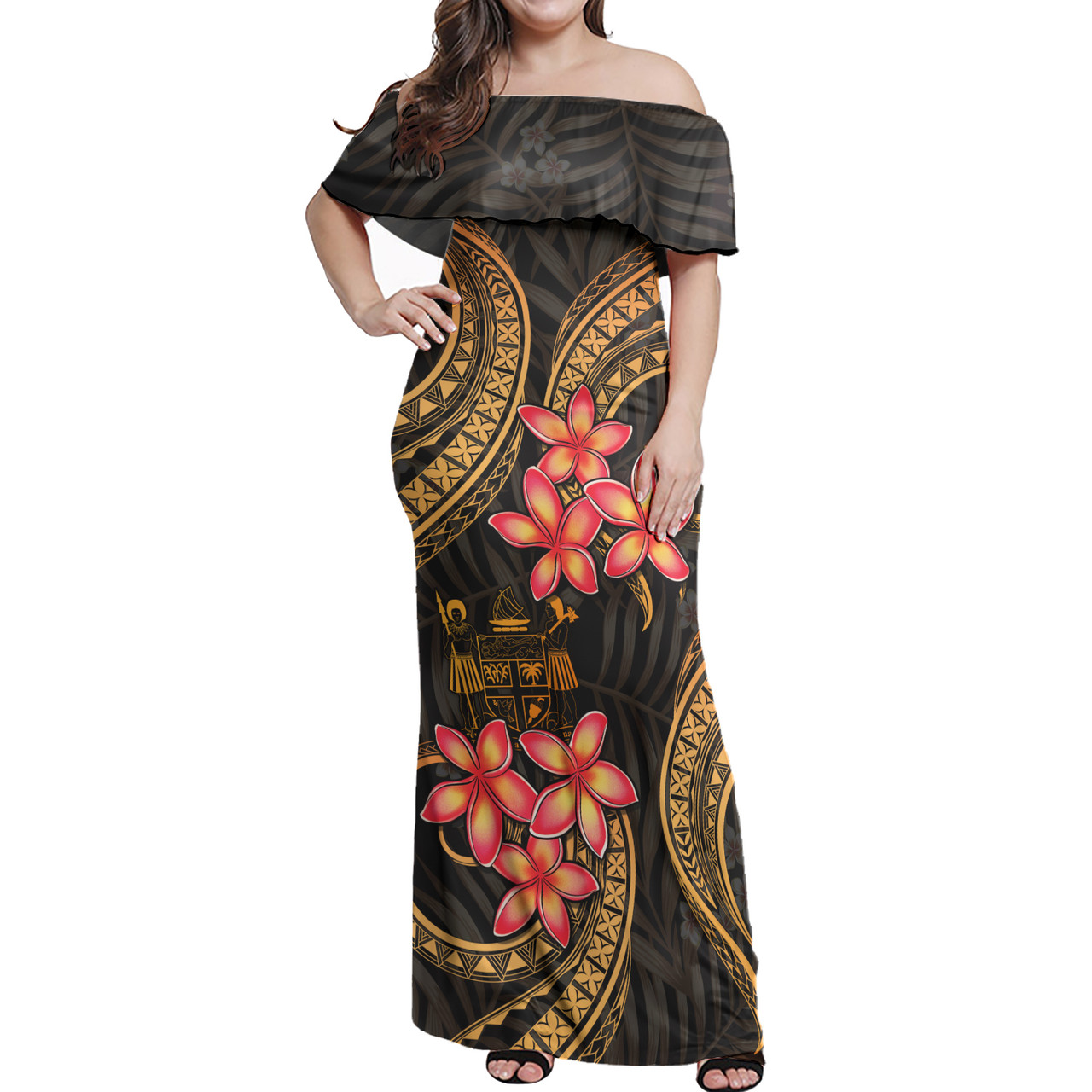 Fiji Coat Of Arm Polynesian Pattern Combo Dress And Shirt Gold Plumeria