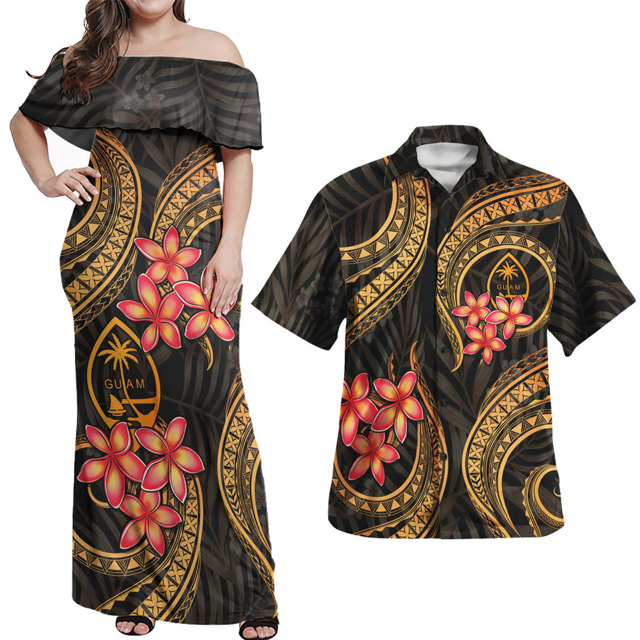 Guam Polynesian Pattern Combo Dress And Shirt Gold Plumeria