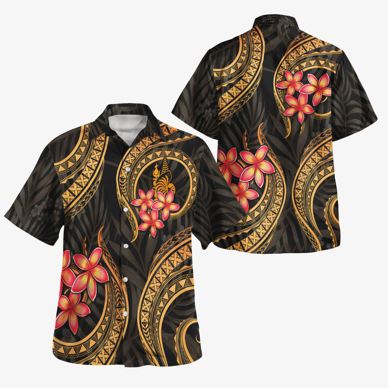 New Caledonia Polynesian Pattern Combo Dress And Shirt Gold Plumeria