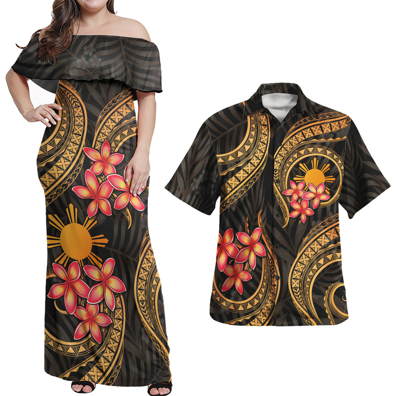 Philippines Polynesian Pattern Combo Dress And Shirt Gold Plumeria