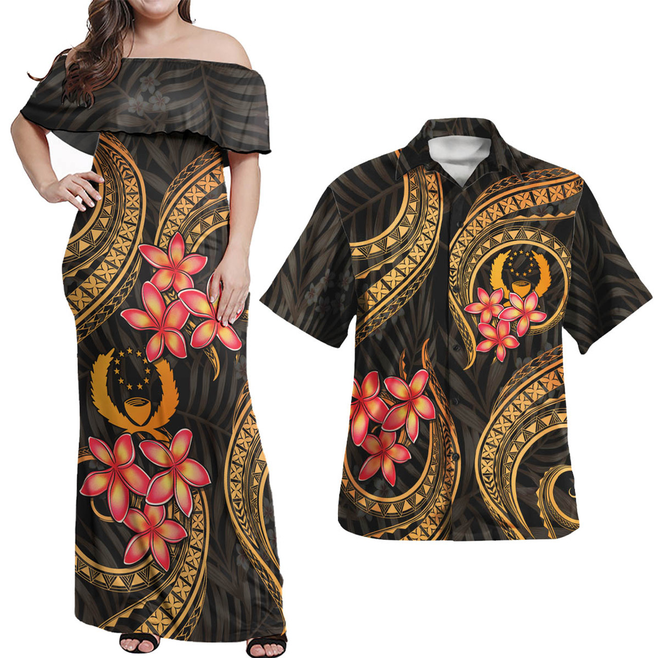 Pohnpei Polynesian Pattern Combo Dress And Shirt Gold Plumeria
