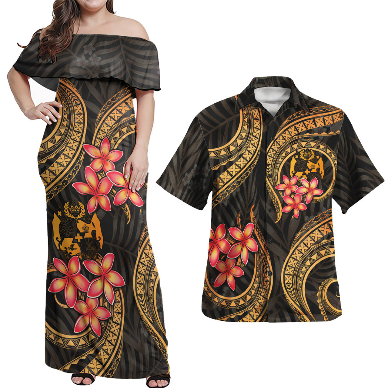 Tonga Polynesian Pattern Combo Dress And Shirt Gold Plumeria
