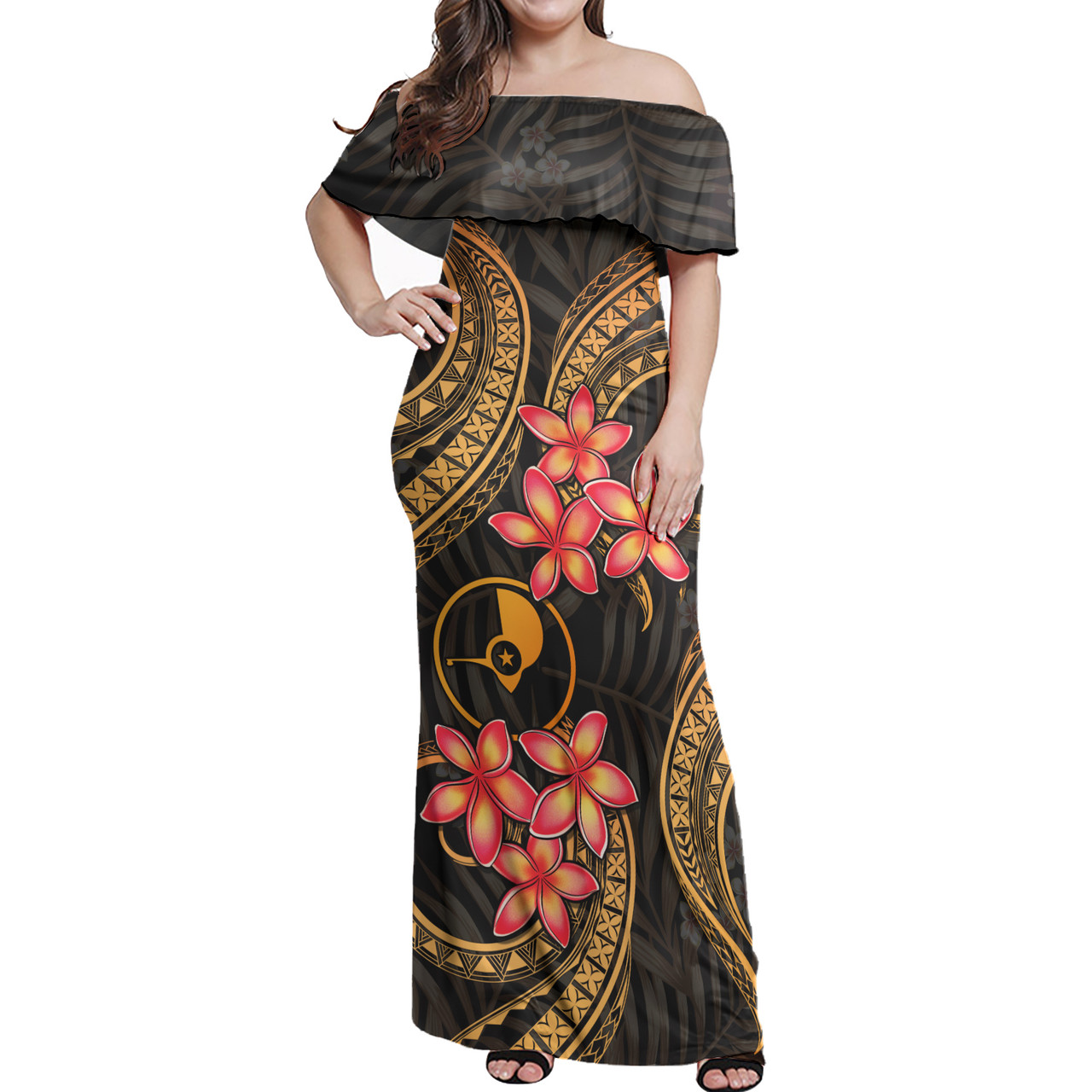 Yap Polynesian Pattern Combo Dress And Shirt Gold Plumeria