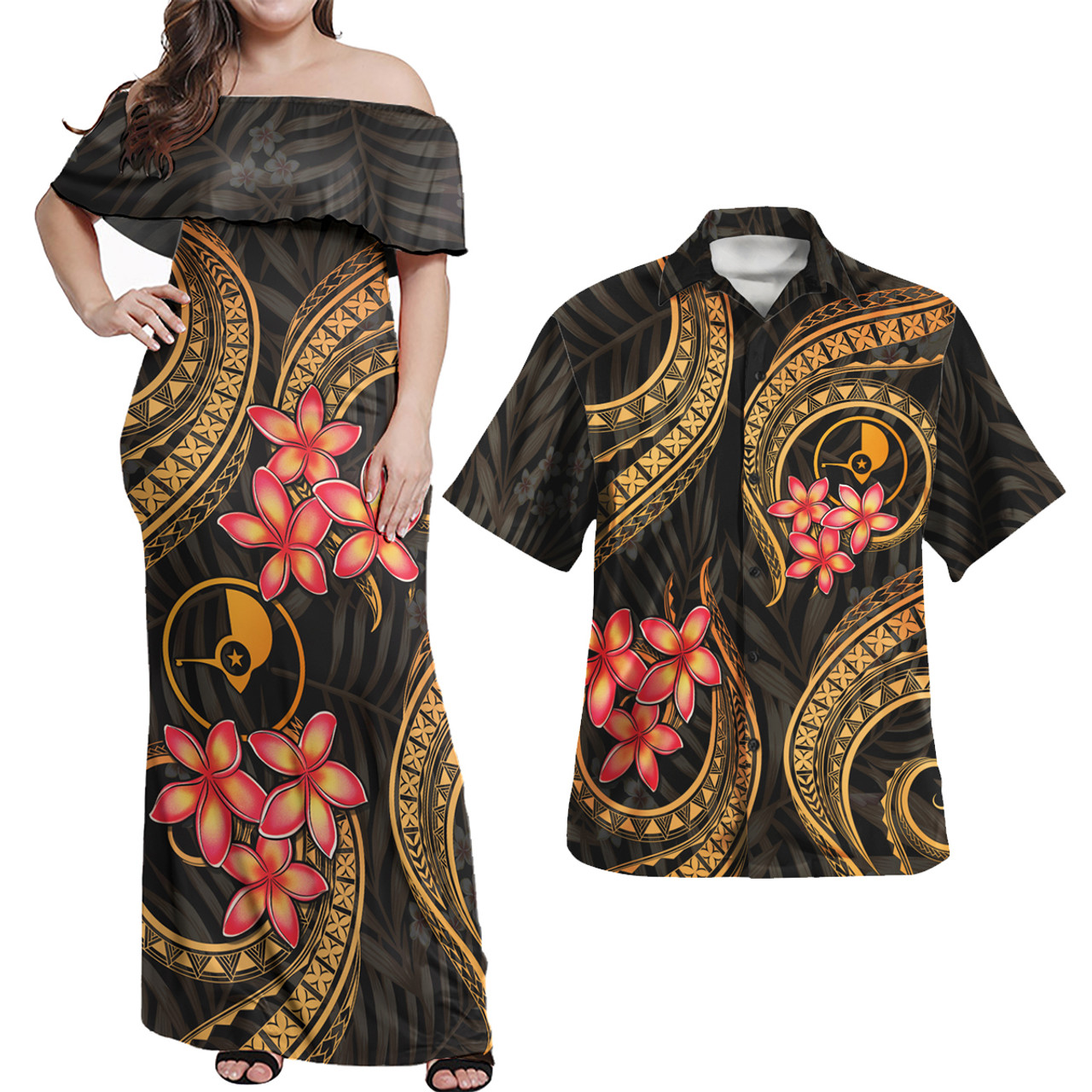 Yap Polynesian Pattern Combo Dress And Shirt Gold Plumeria