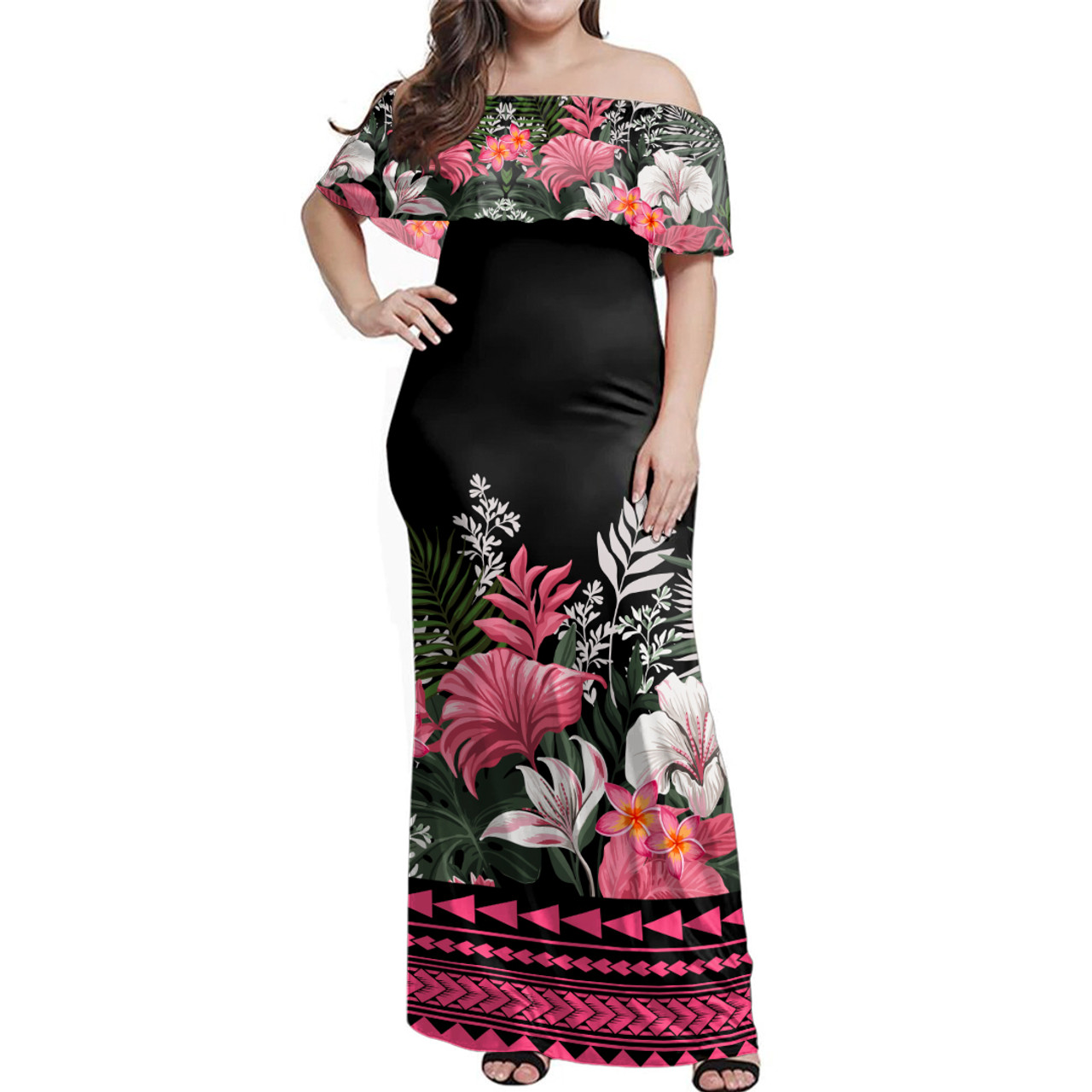 Polynesian Combo Off Shoulder Long Dress And Shirt Pattern Tropical Black And Pink