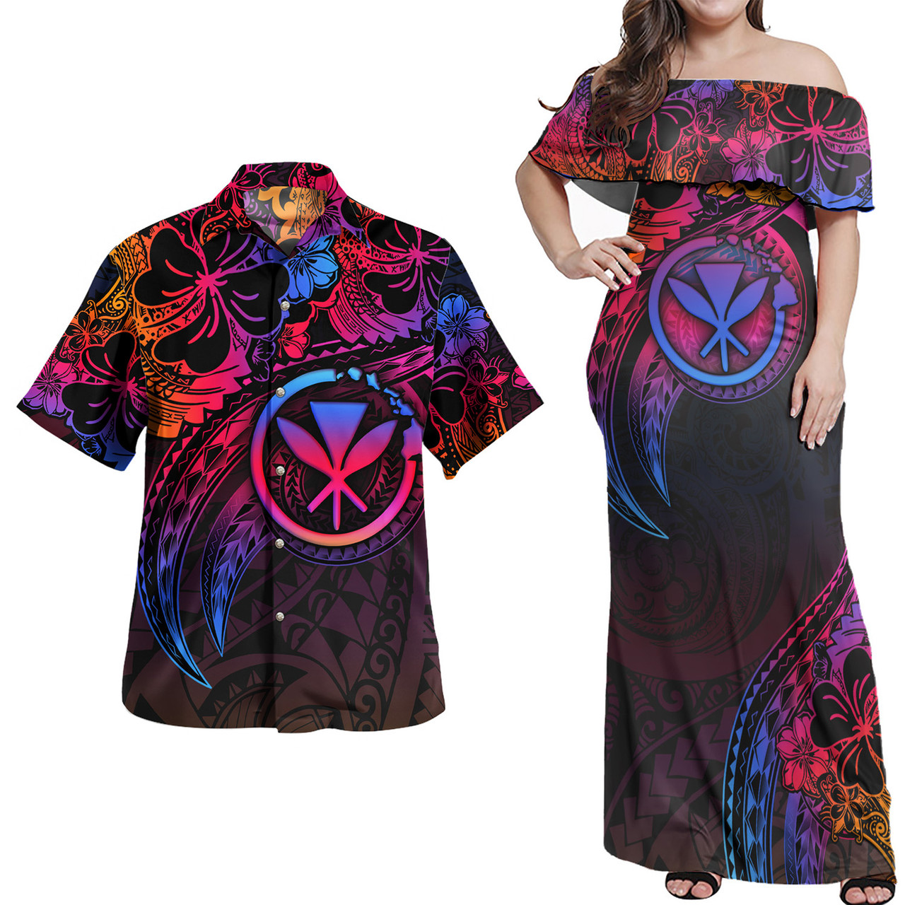 Hawaii Kanaka Maoli Combo Off Shoulder Long Dress And Shirt Rainbow Style