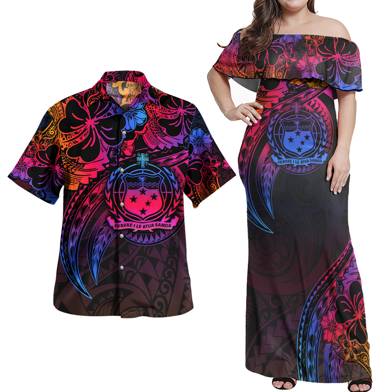 Samoa Combo Off Shoulder Long Dress And Shirt Rainbow Style