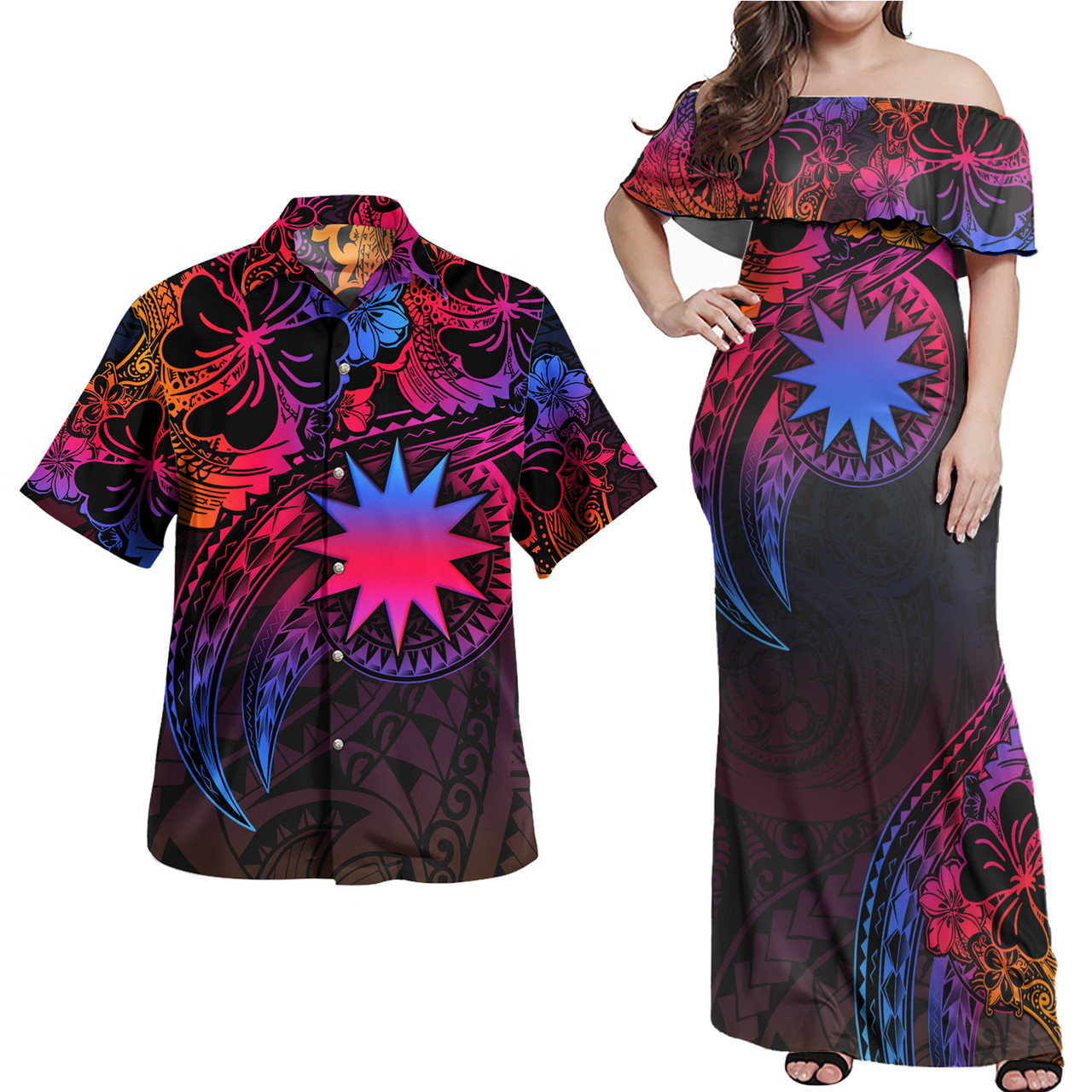Nauru Combo Off Shoulder Long Dress And Shirt Rainbow Style
