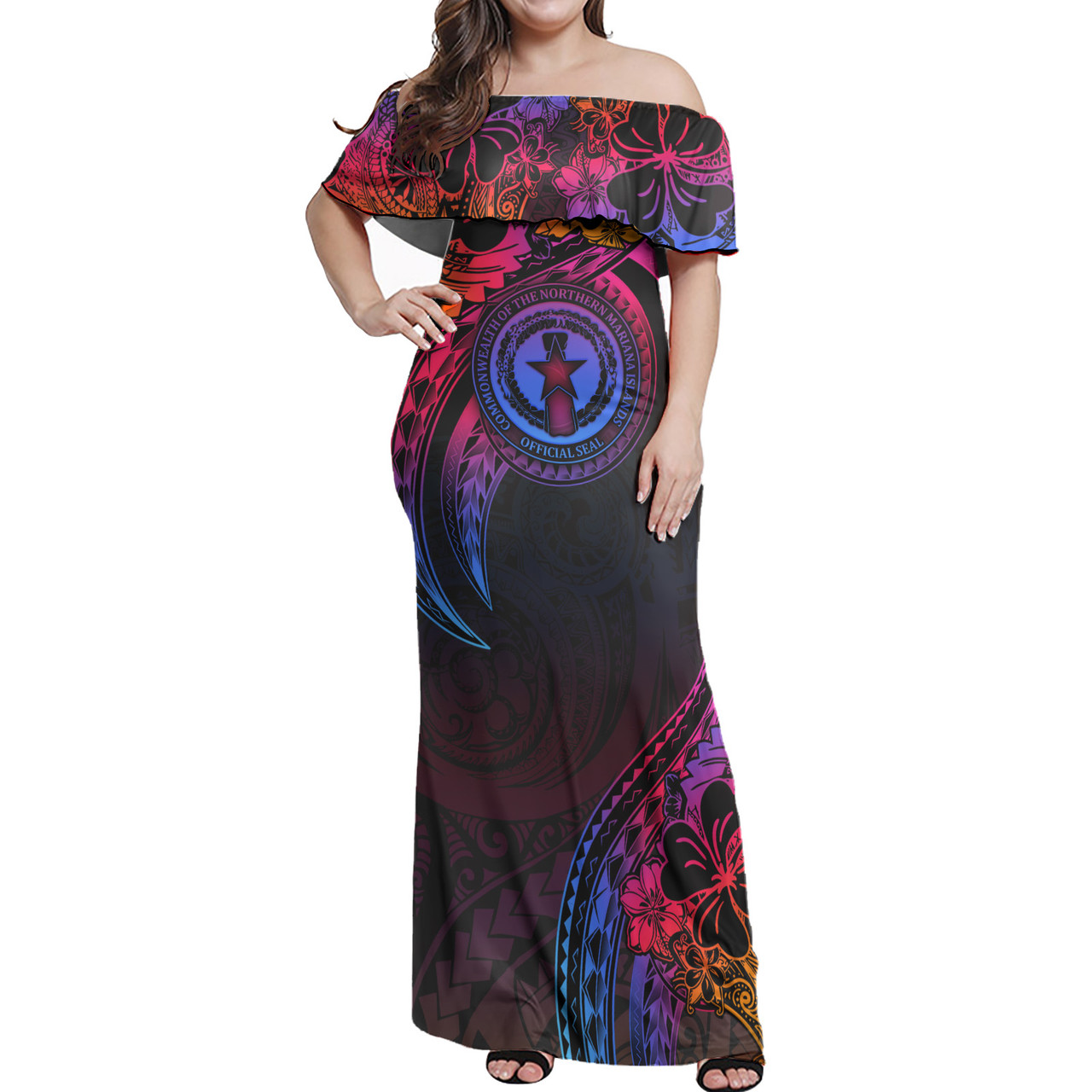 Northern Mariana Islands Combo Off Shoulder Long Dress And Shirt Rainbow Style