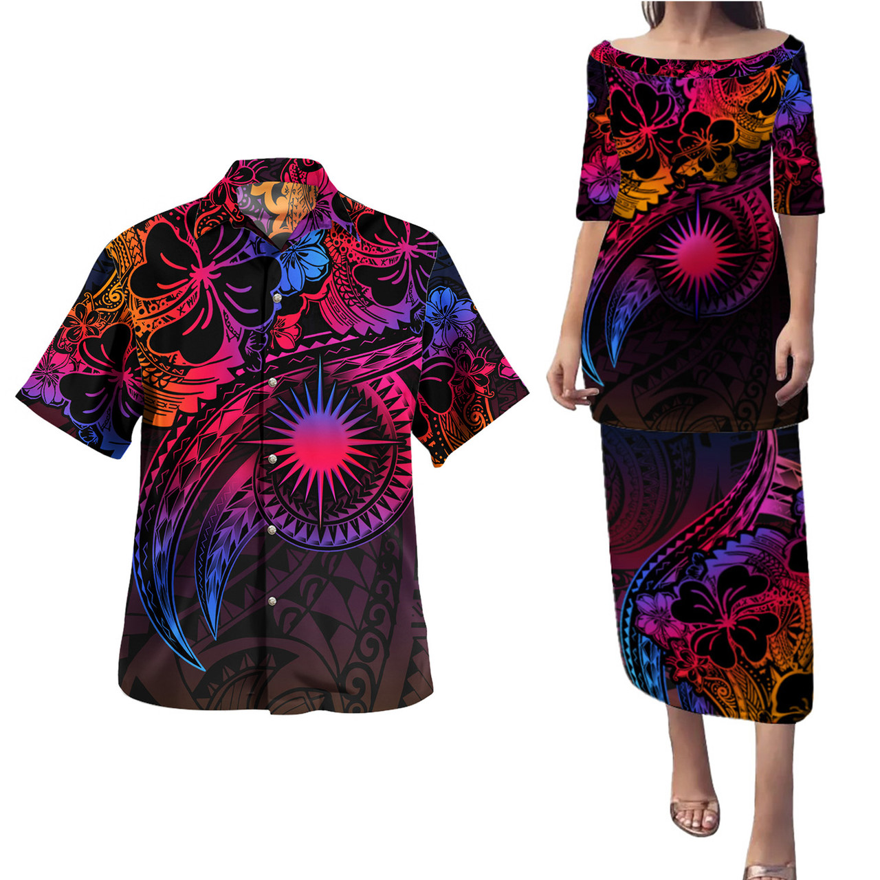 Marshall Islands Combo Puletasi And Shirt Rainbow Style